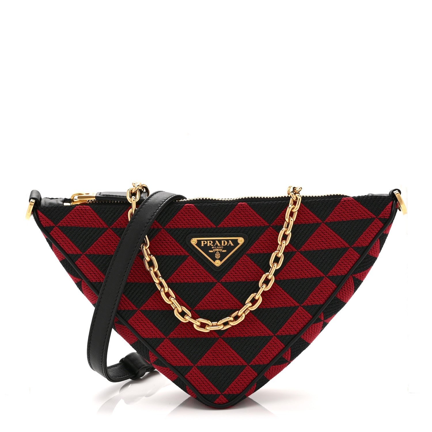 Prada Prada Jacquard Calfskin Triangolo Symbole Embroidered Mini Triangle Double Bag Black Ciliegia