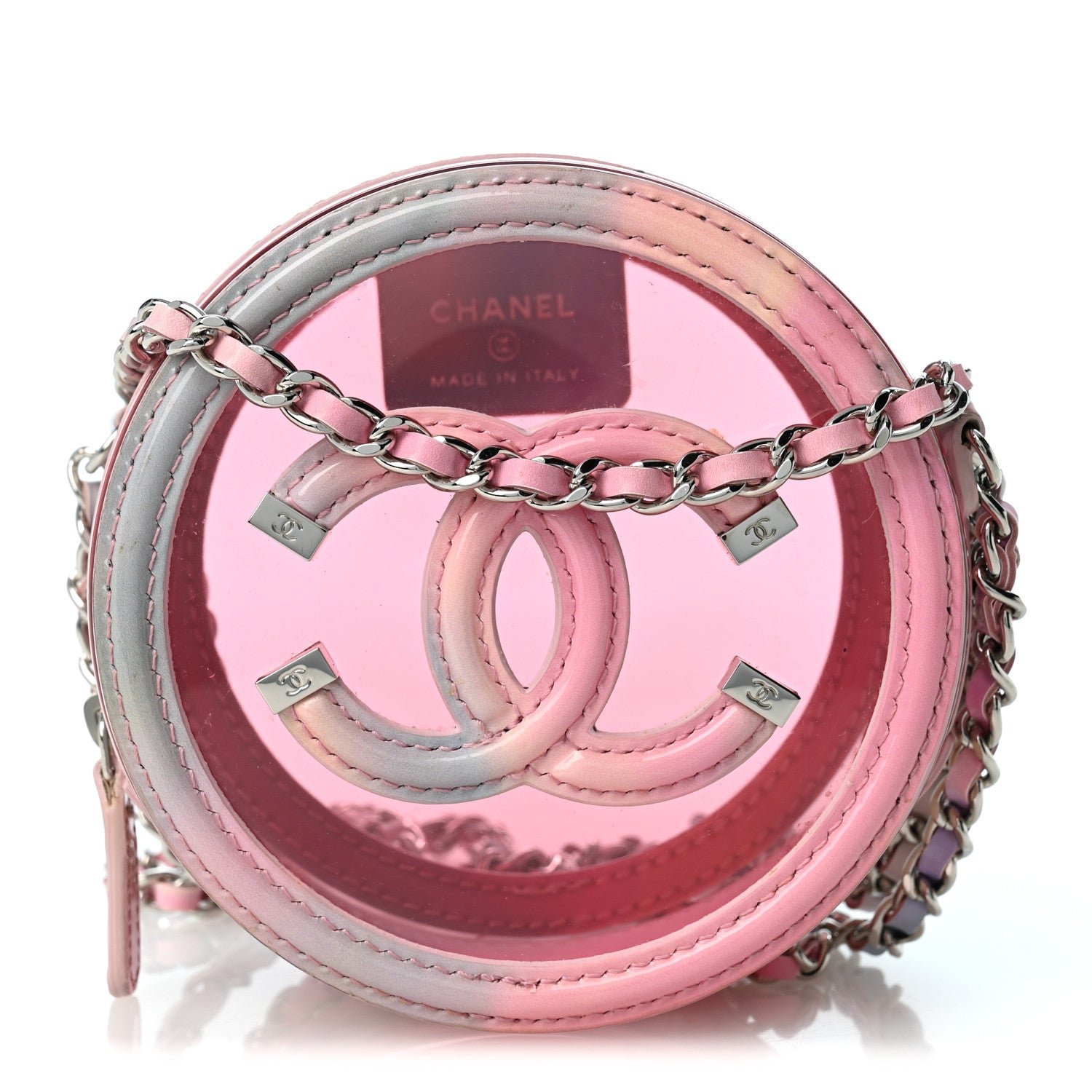 Chanel PVC Lambskin Filigree Round Clutch With Chain Pink