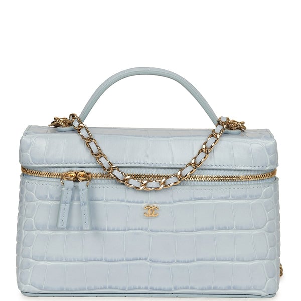 Chanel Top Handle Long Vanity Case with Chain Light Blue Croc Embossed Calfskin Gold Hardware