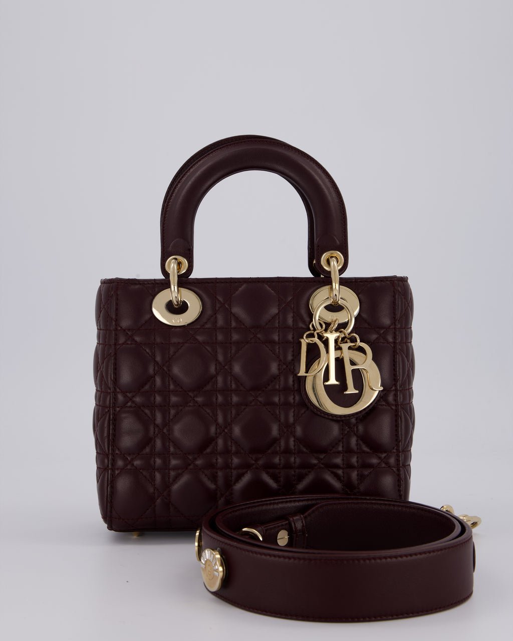 Christian Dior Aubergine Burgundy Small Lady Dior in Lambskin Leather with Champagne Gold Hardware