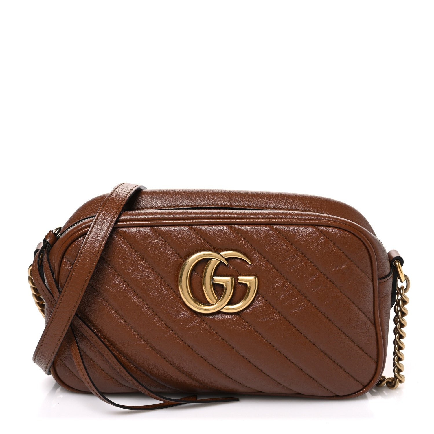 Gucci Glazed Calfskin Matelasse Diagonal Small GG Marmont Chain Shoulder Bag Cuir