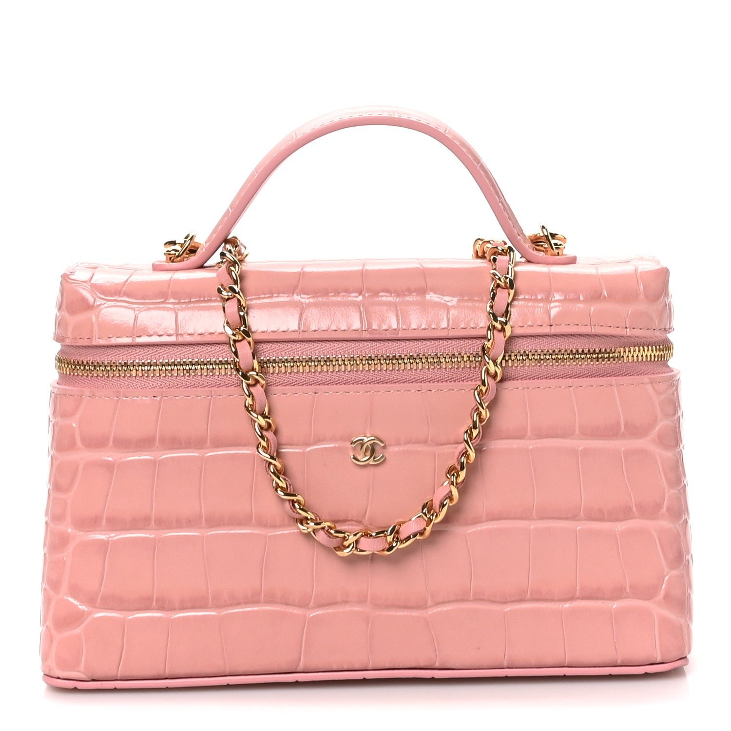Chanel Calfskin Crocodile Embossed Top Handle Vanity Case With Chain Pink