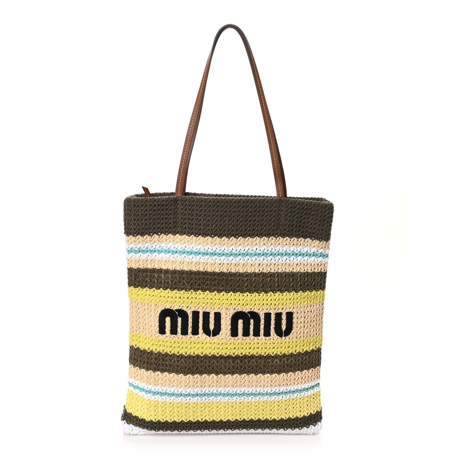 Miu Miu Raffia Crochet Stripe Vertical Tote Bag Tundra Limone Natural