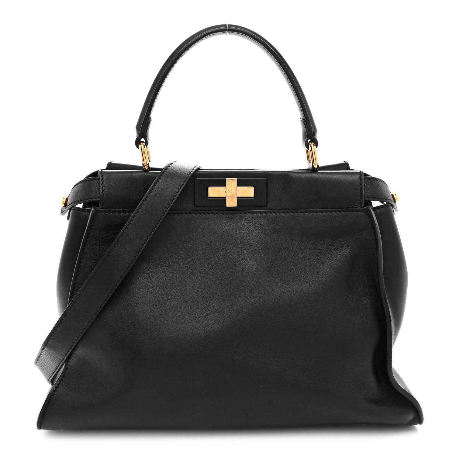 Fendi Vitello Seta Shiny Nappa Medium Peekaboo Iconic Satchel Black