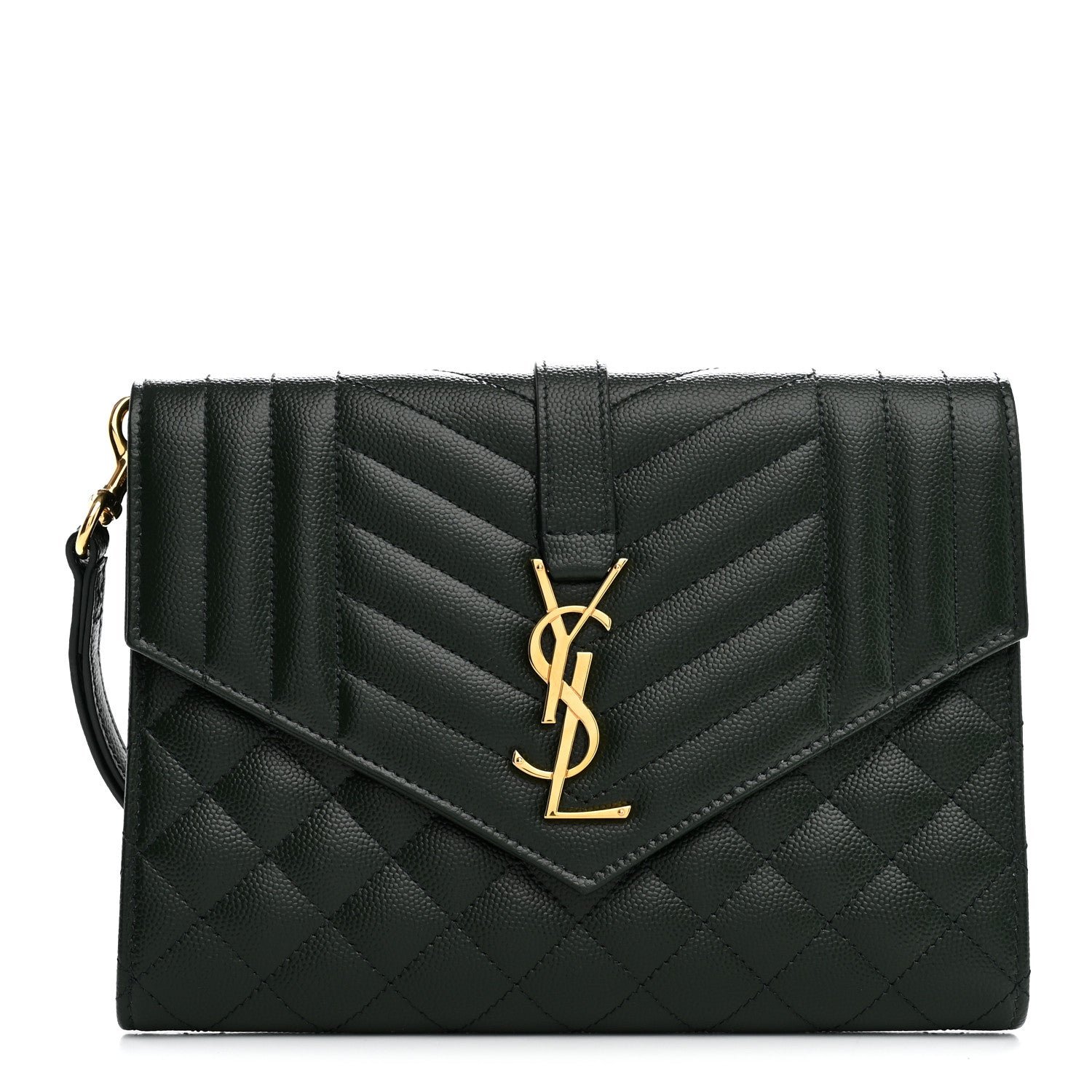 Saint Laurent Grain De Poudre Textured Mixed Matelasse Triquilt Monogram Clutch Vert Fonce