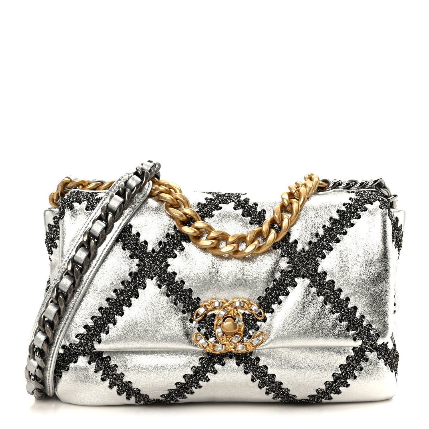 Chanel Metallic Calfskin Crochet Medium Chanel 19 Flap Silver