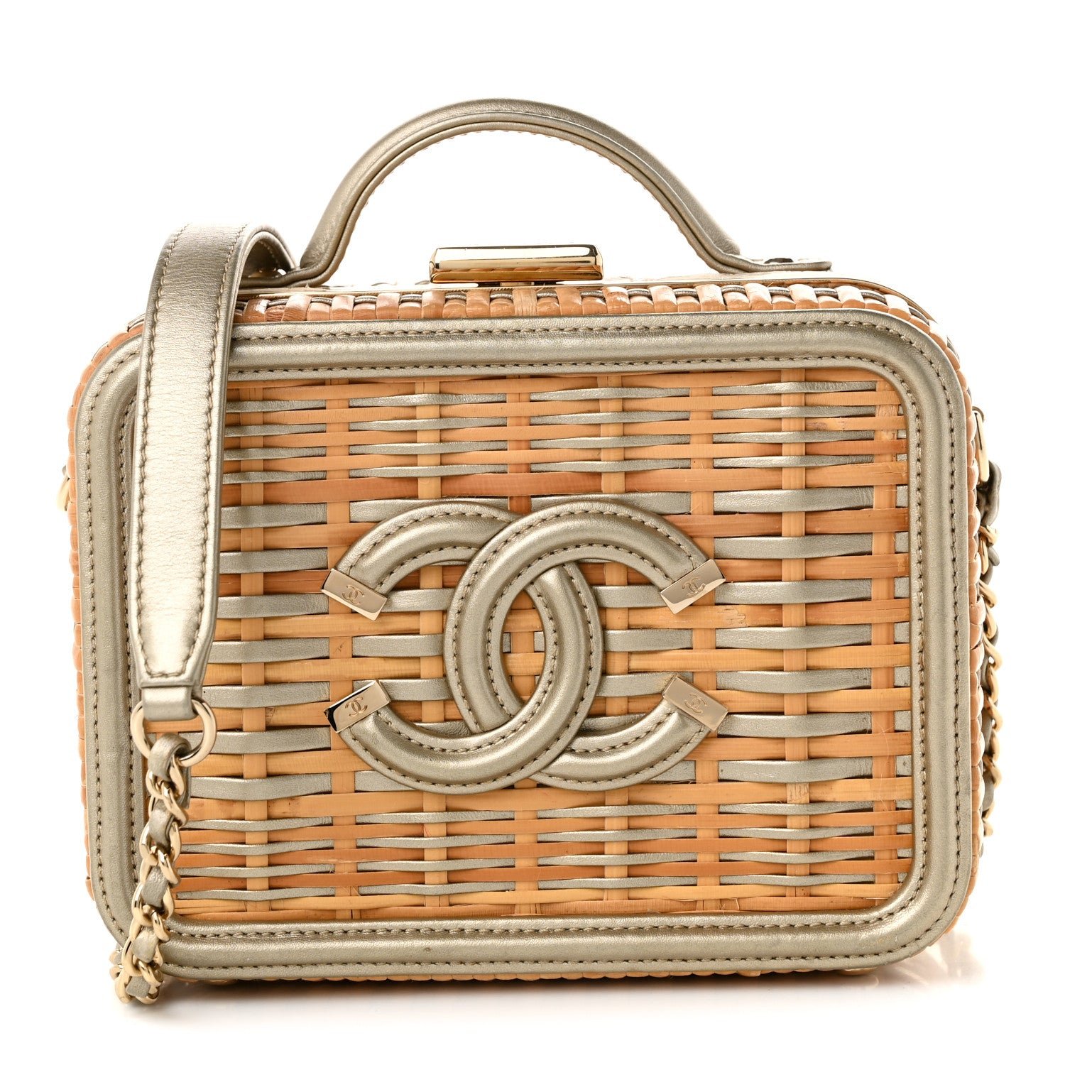 Chanel Raffia Calfskin Small CC Filigree Vanity Case Gold