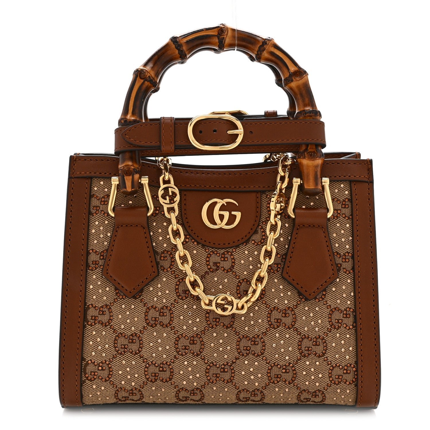 Gucci New Canvas Charisma Calfskin Crystal GG Monogram Mini Diana Tote Bag Camel Ebony