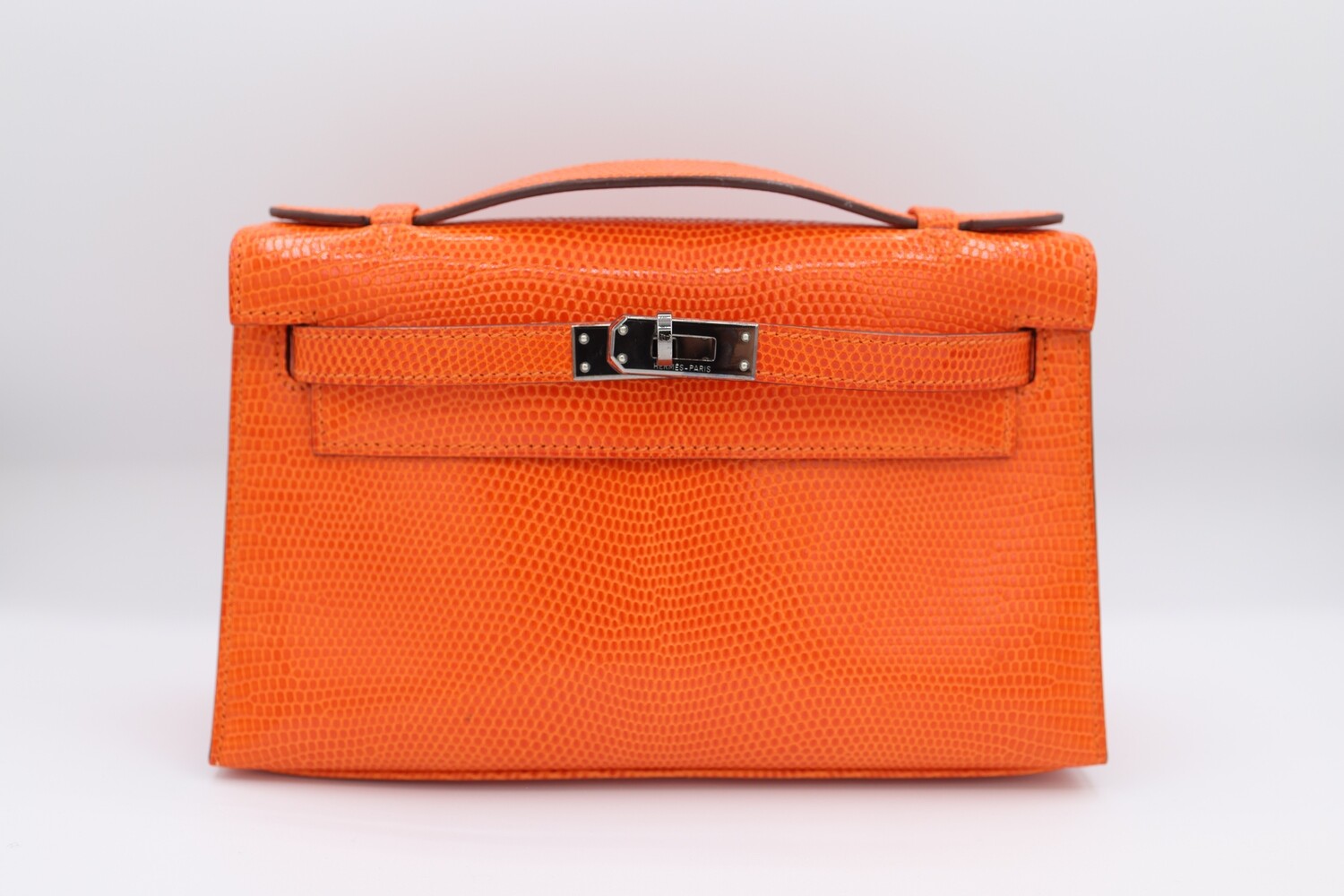 Hermes Hermes Kelly Pochette, Orange Lizard Leather, Palladium Hardware, Preowned in Box CMA001