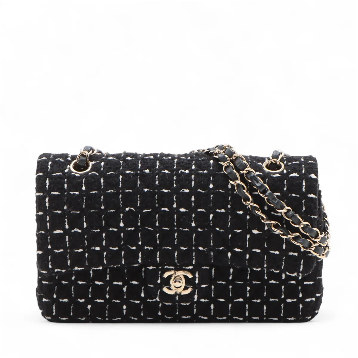 Chanel Matelasse 25 Tweed Double Flap Double Chain Bag Black Gold Metal Fittings