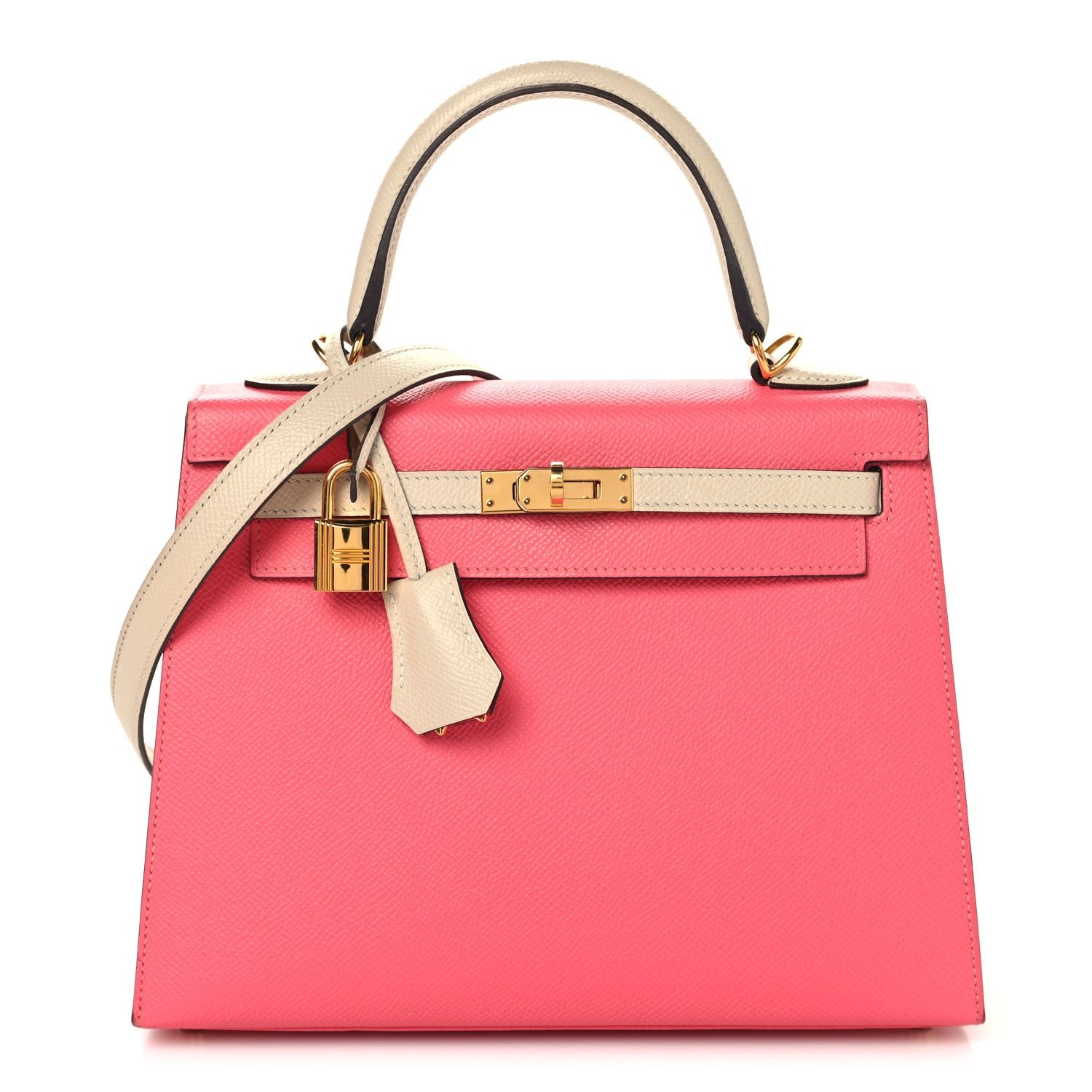 Hermes Epsom Bi-Color Horseshoe Kelly Sellier 25 Rose Azalee Craie