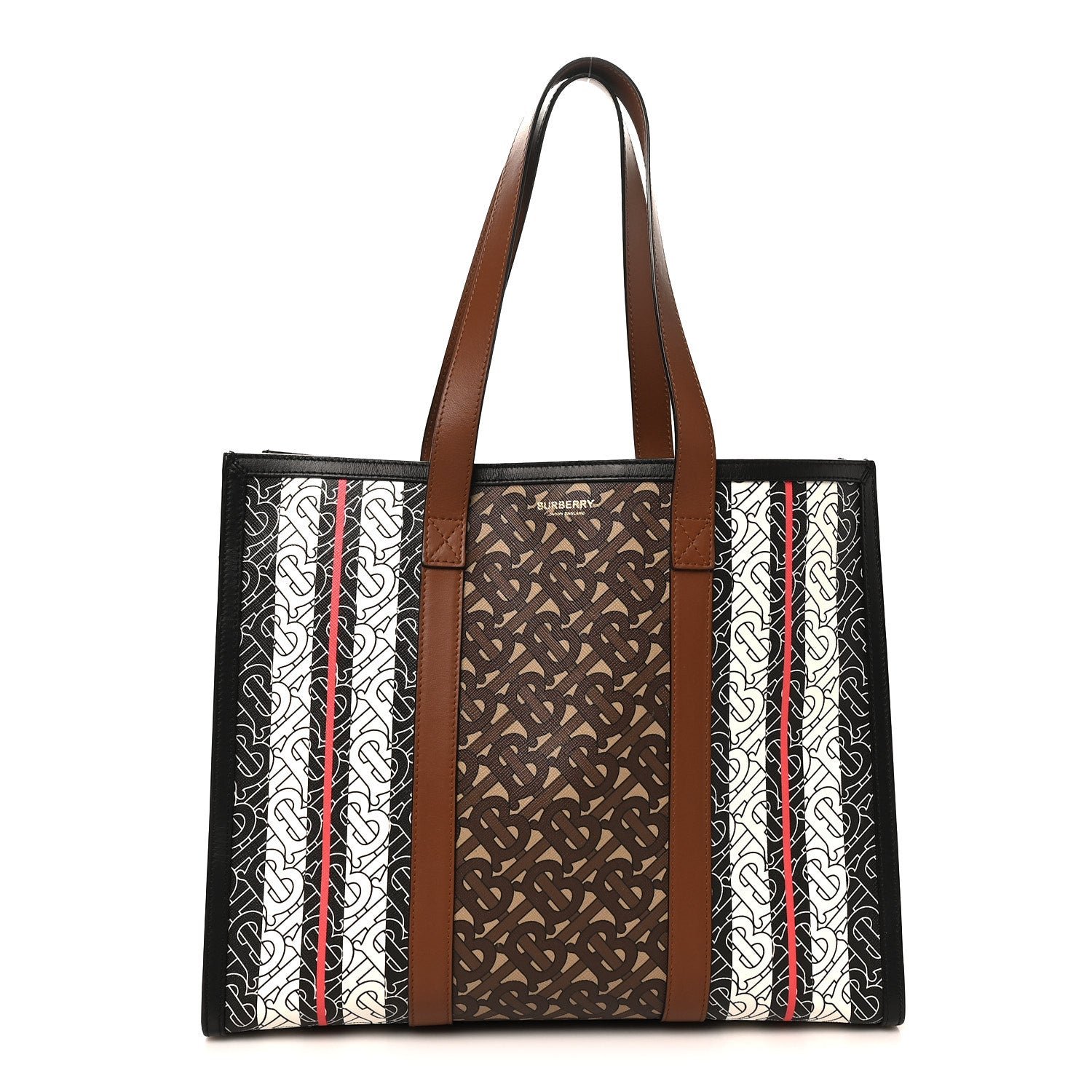 Burberry E-Canvas Monogram Stripe Book Tote Black Bridle Brown