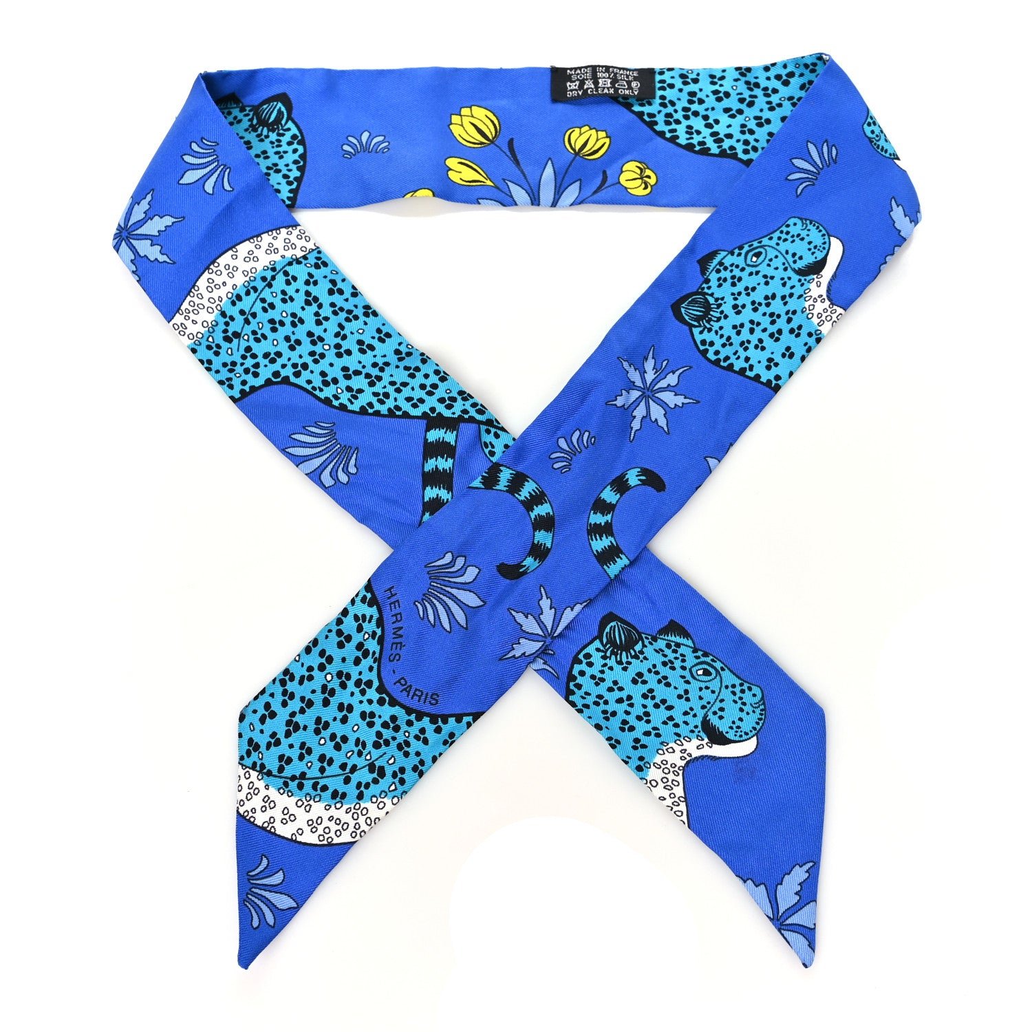 Hermes Silk Les Leopards Twilly Bleu Roy Turquoise Ciel