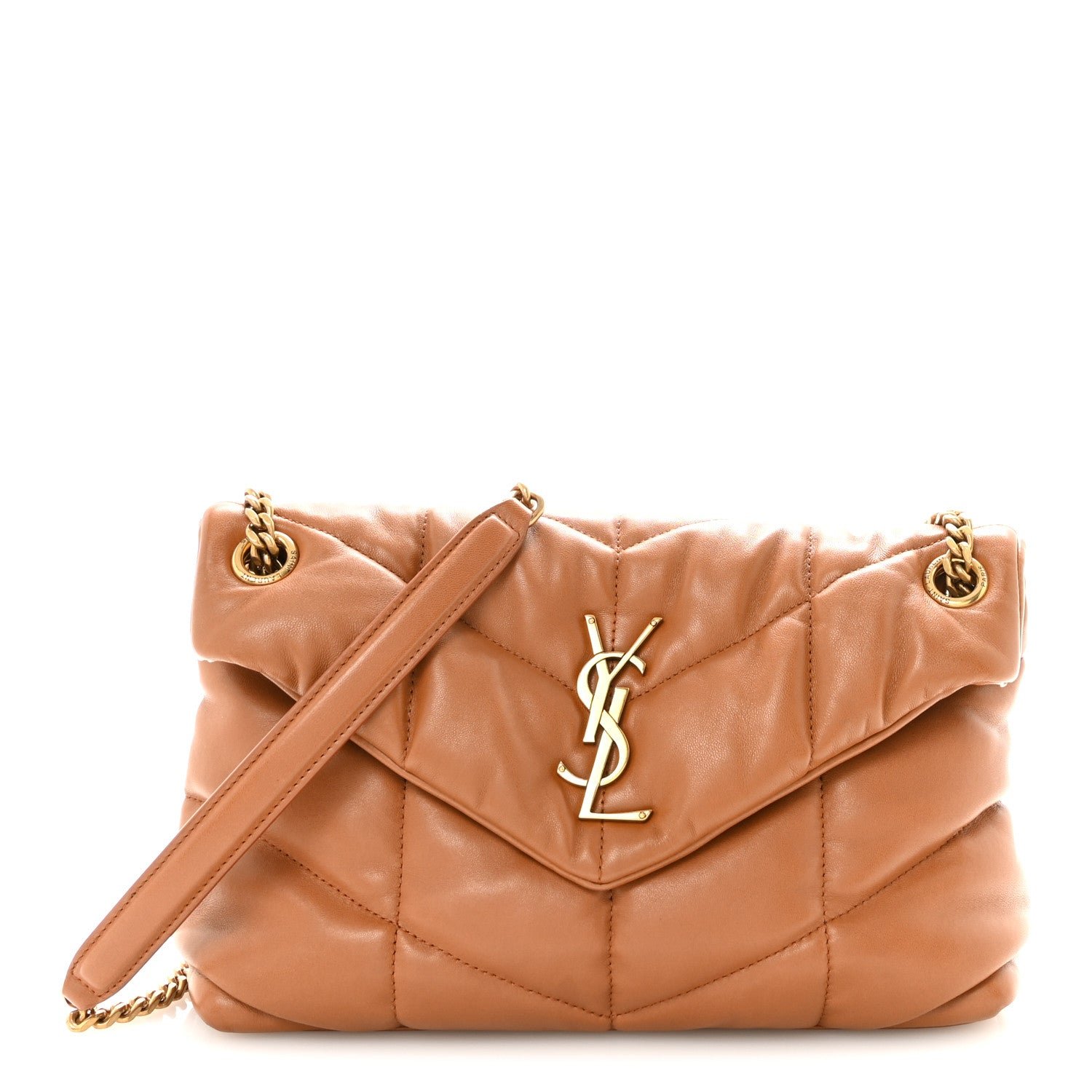 Saint Laurent Lambskin Quilted Toy Loulou Puffer Monogram Chain Satchel Dark Cork