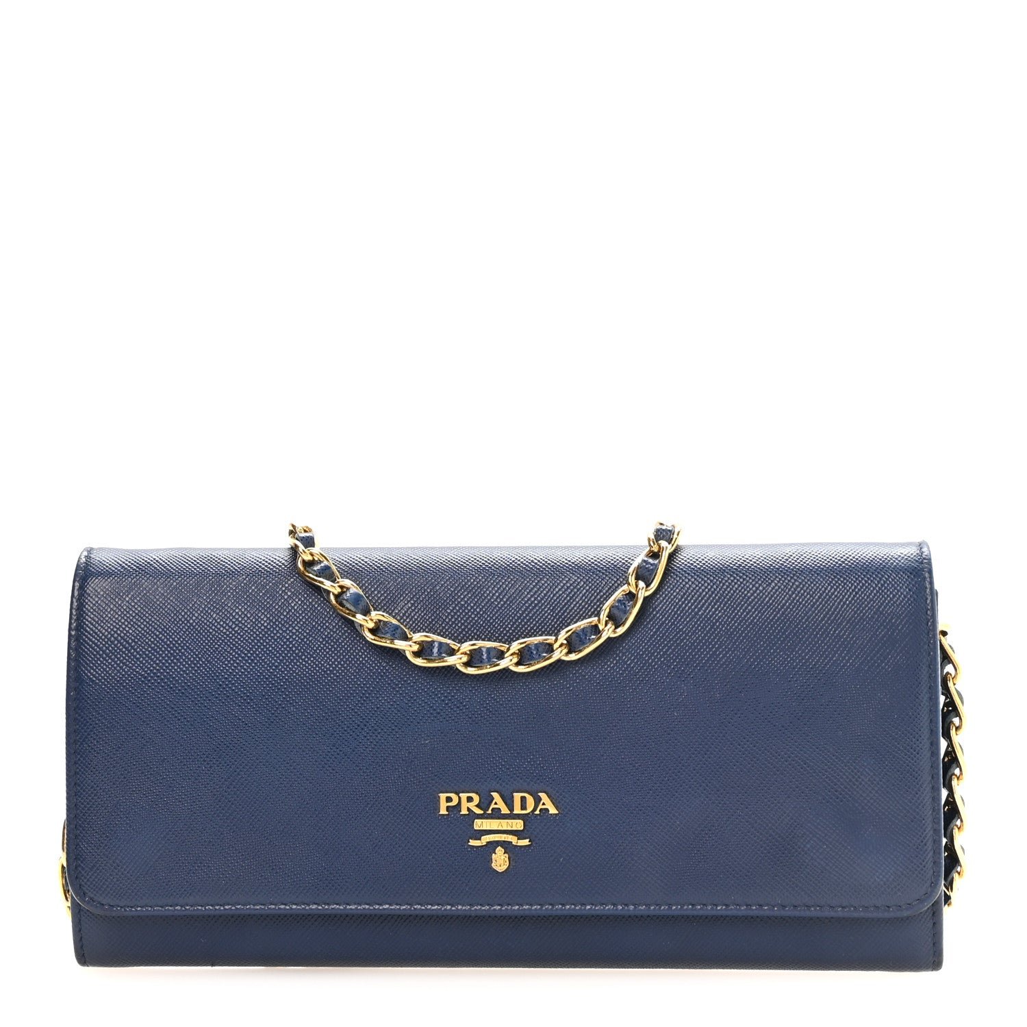 Prada Saffiano Metal Oro Chain Wallet Bleuette
