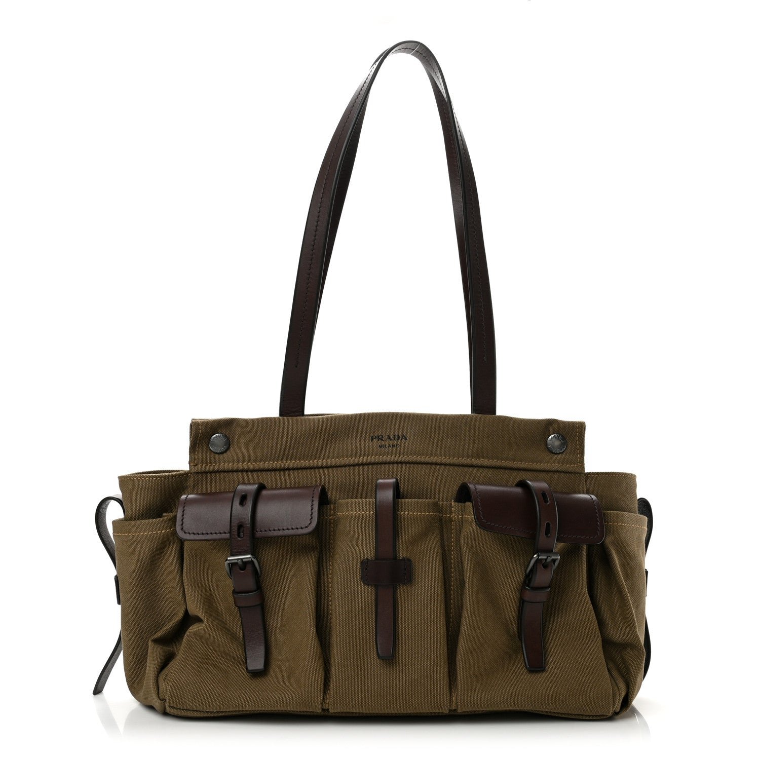 Prada Canvas Calfskin Large Route Shoulder Bag Khaki