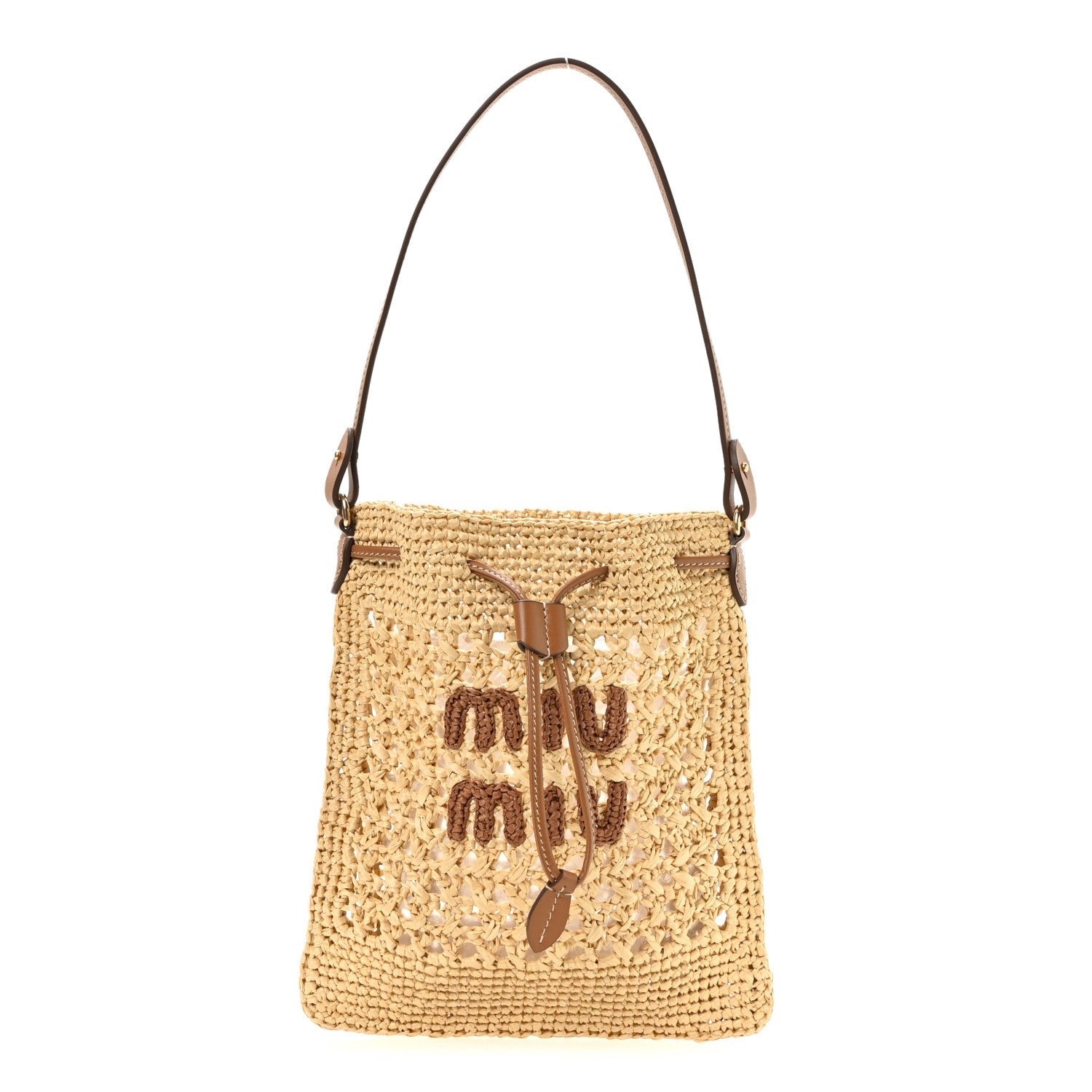 Miu Miu Raffia Crochet Drawstring Pouch Naturale Cognac