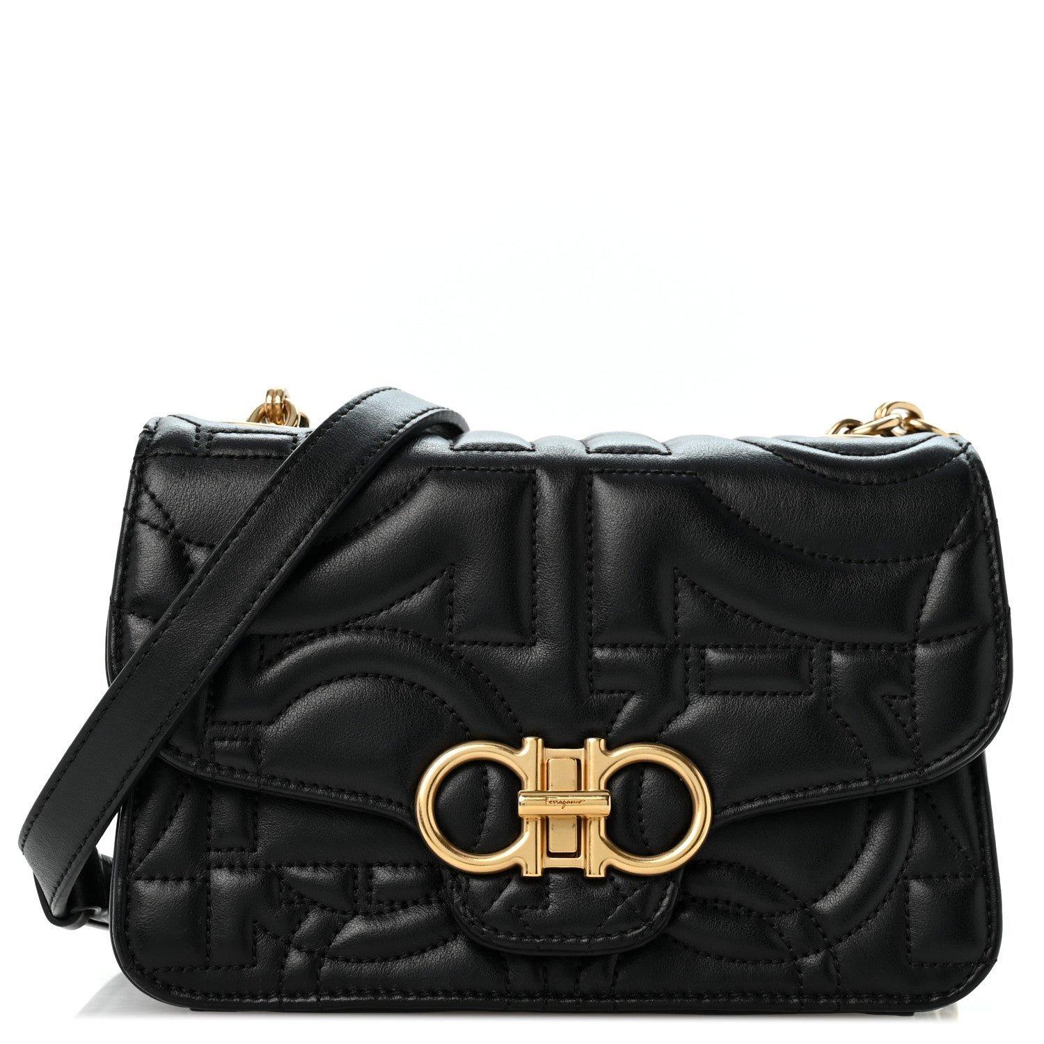 Salvatore Ferragamo Calfskin Quilted Gancini Flap Bag Black