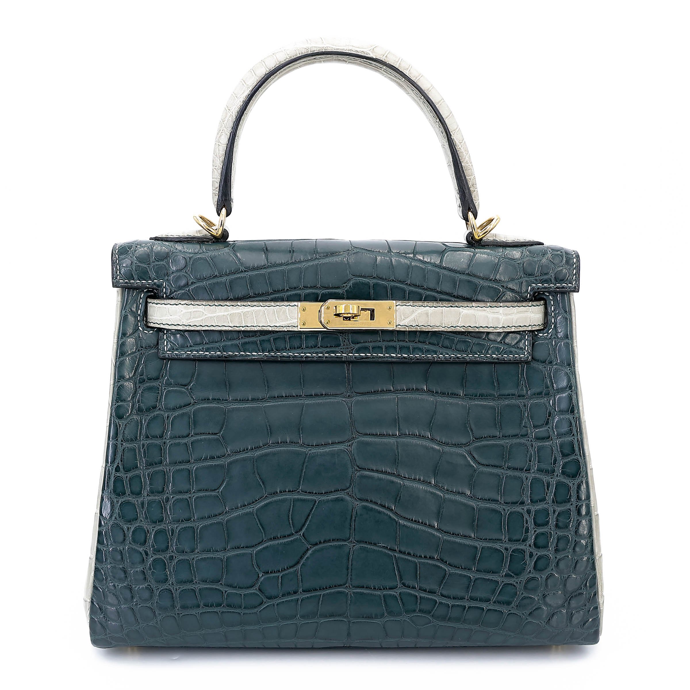 Very Good ( Rank A) HERMÈS Special Order Kelly 25 HSS Vert Cypress (6O) Gris Perle (80) Matte Alligator Permabrass hardware U (2022)