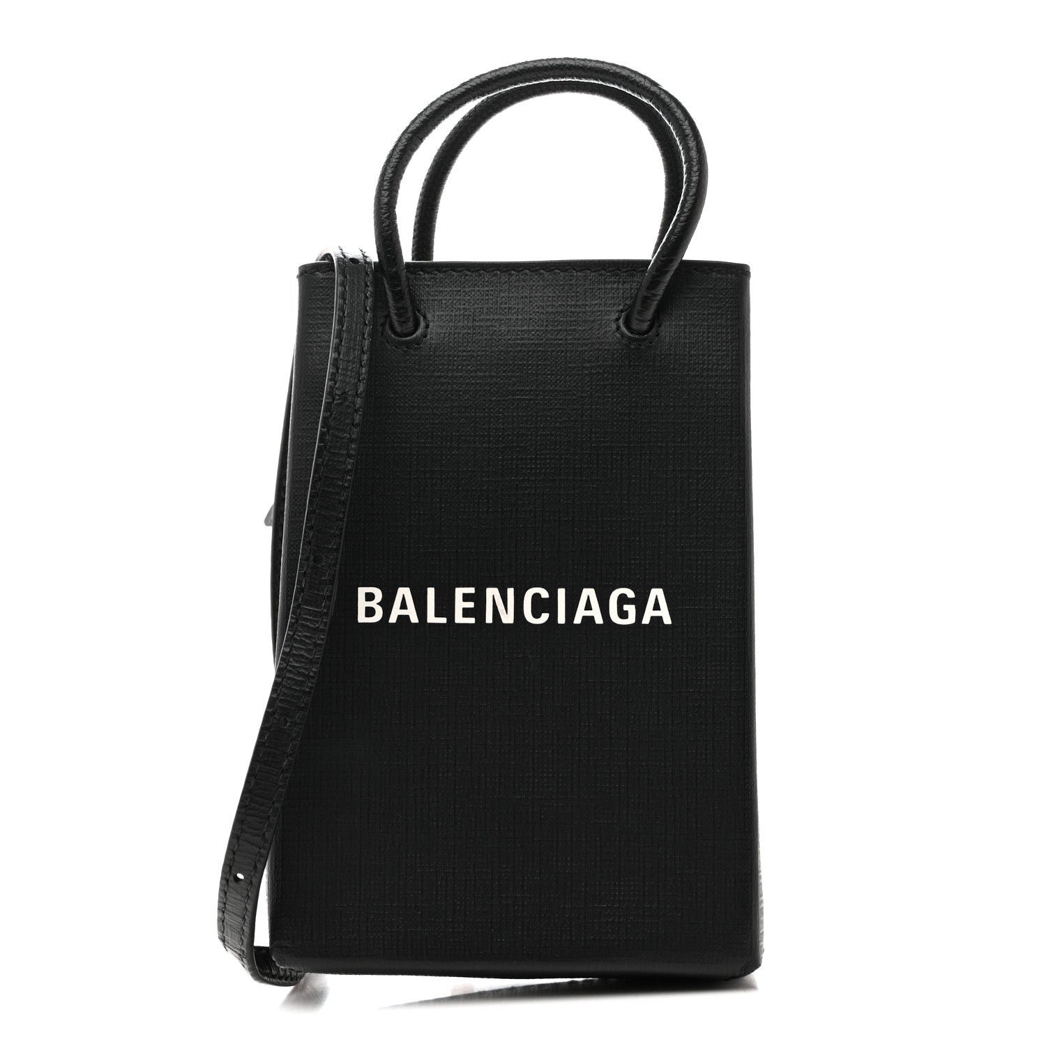 Balenciaga Squared Calfskin Logo Shopping Phone Holder Bag Black