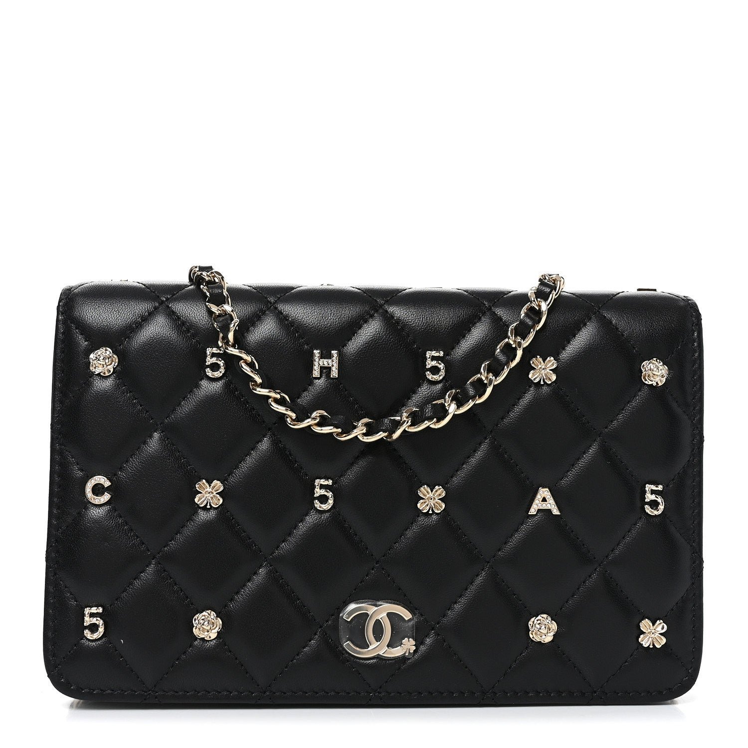 Chanel Lambskin Quilted All About Chanel Charm Wallet On Chain WOC Black