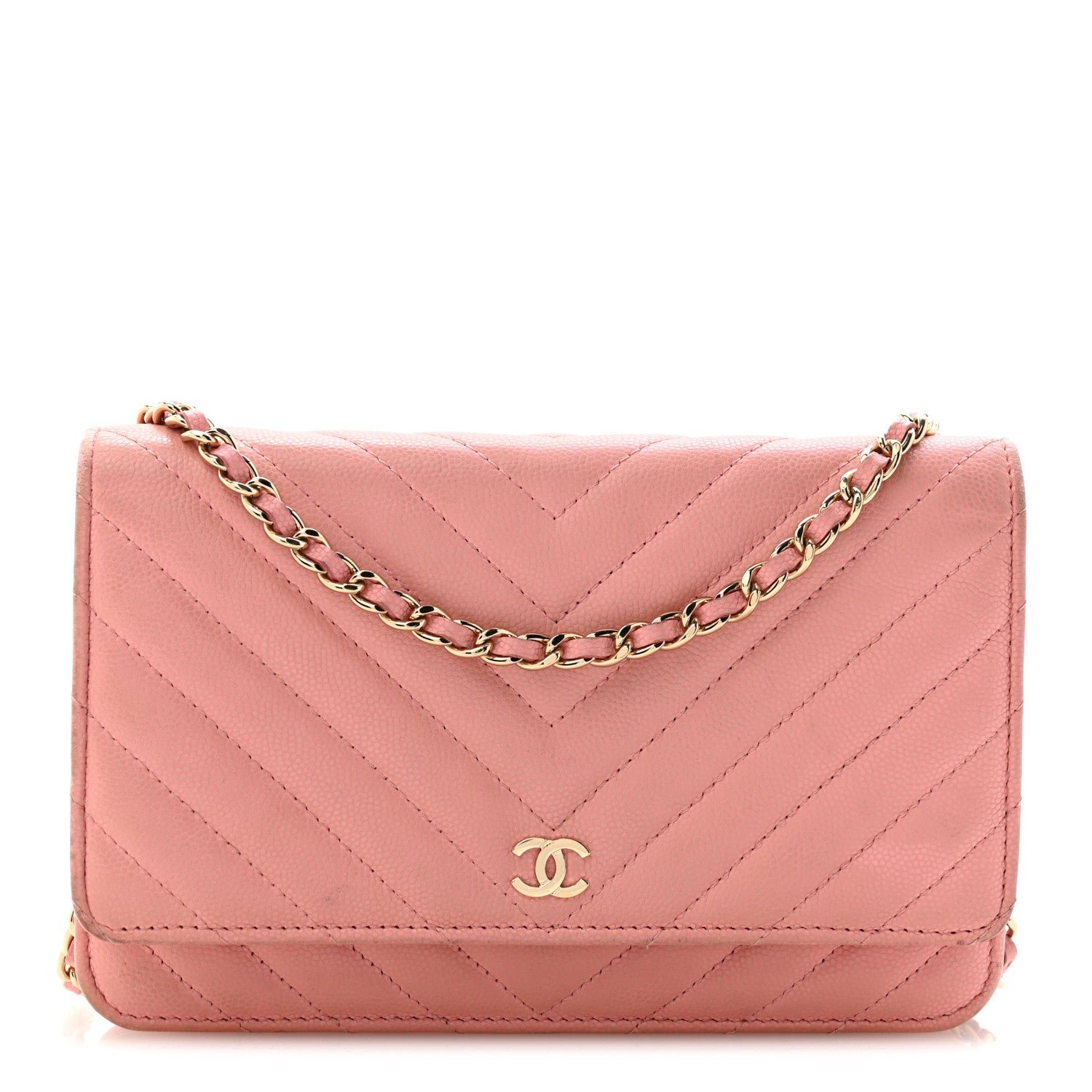 Chanel Caviar Chevron Quilted Wallet On Chain WOC Pink