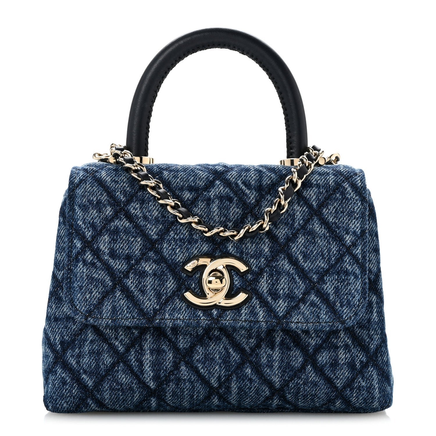 Chanel Washed Denim Calfskin Quilted Coco Handle Clutch With Chain Blue