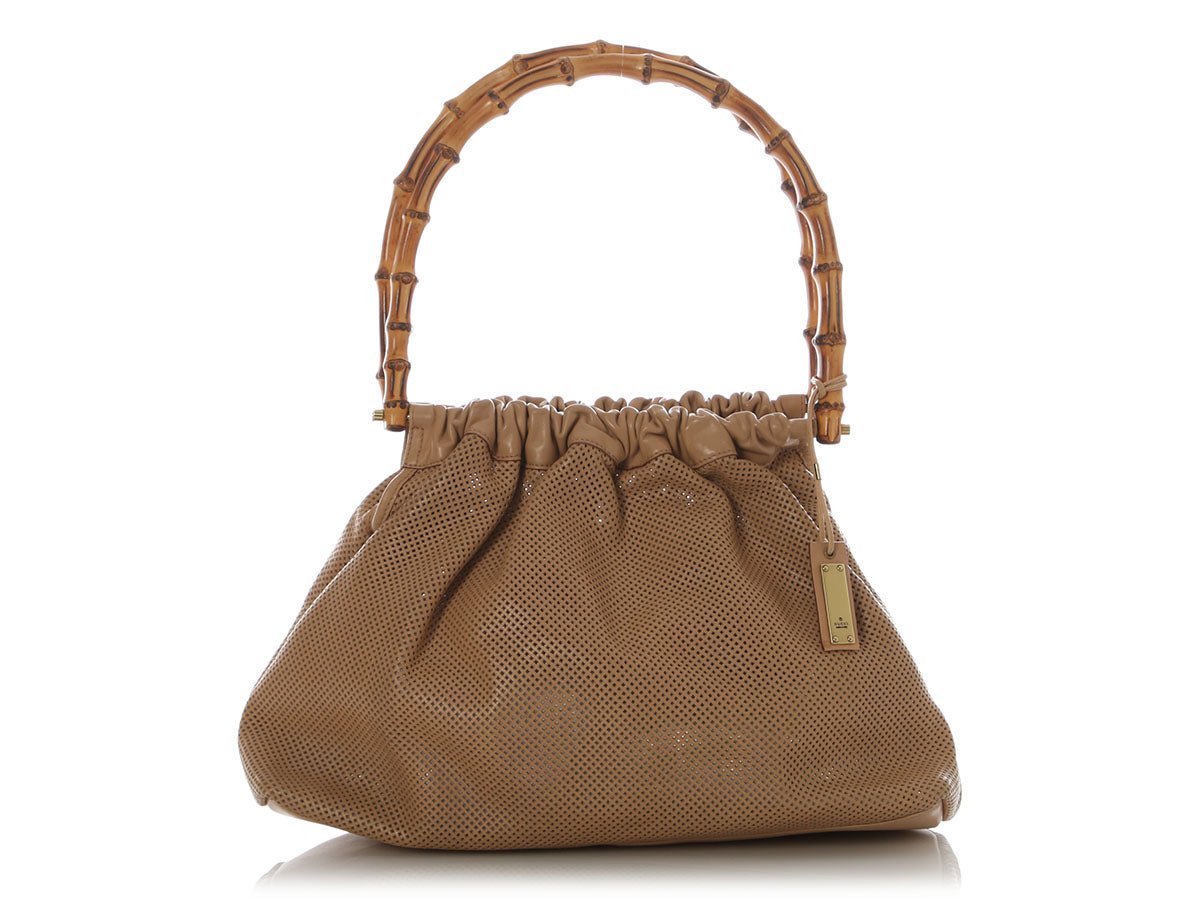Gucci Gucci Vintage Beige Perforated Bamboo Handle Tote