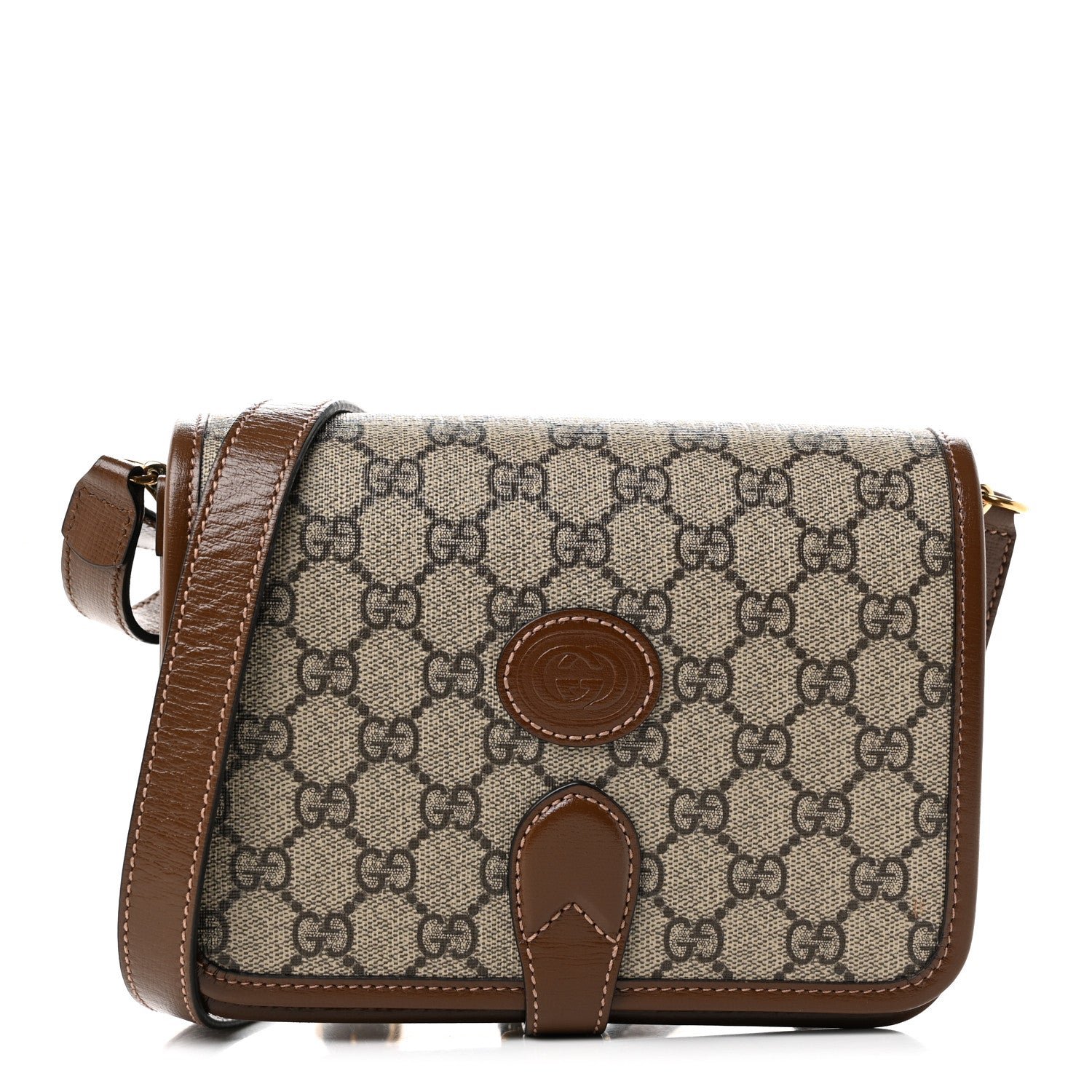 Gucci GG Supreme Monogram Azalea Calfskin Mini Retro Interlocking G Flap Shoulder Bag Beige Ebony Brown Sugar