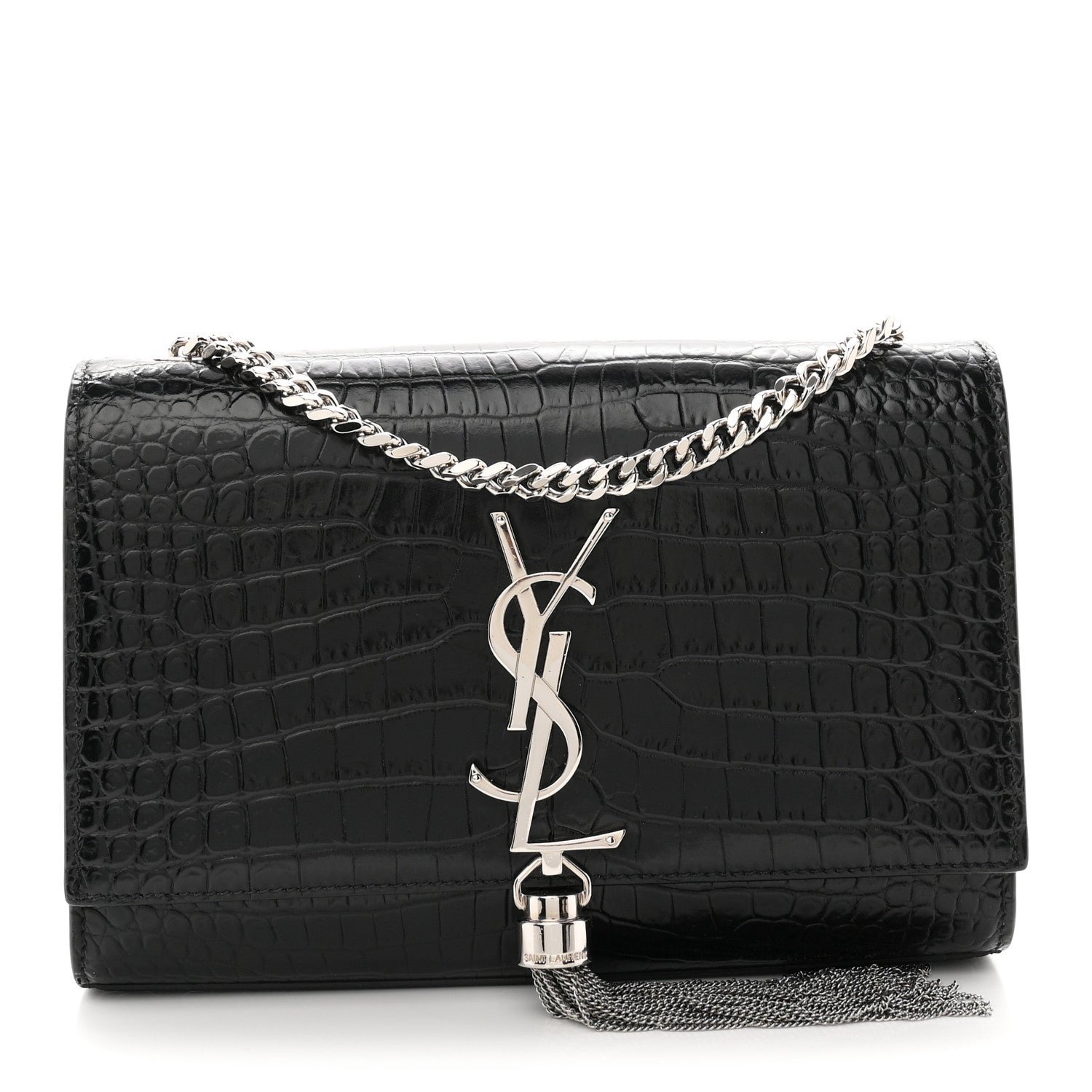 Saint Laurent Calfskin Crocodile Embossed Small Classic Monogram Kate Tassel Satchel Black