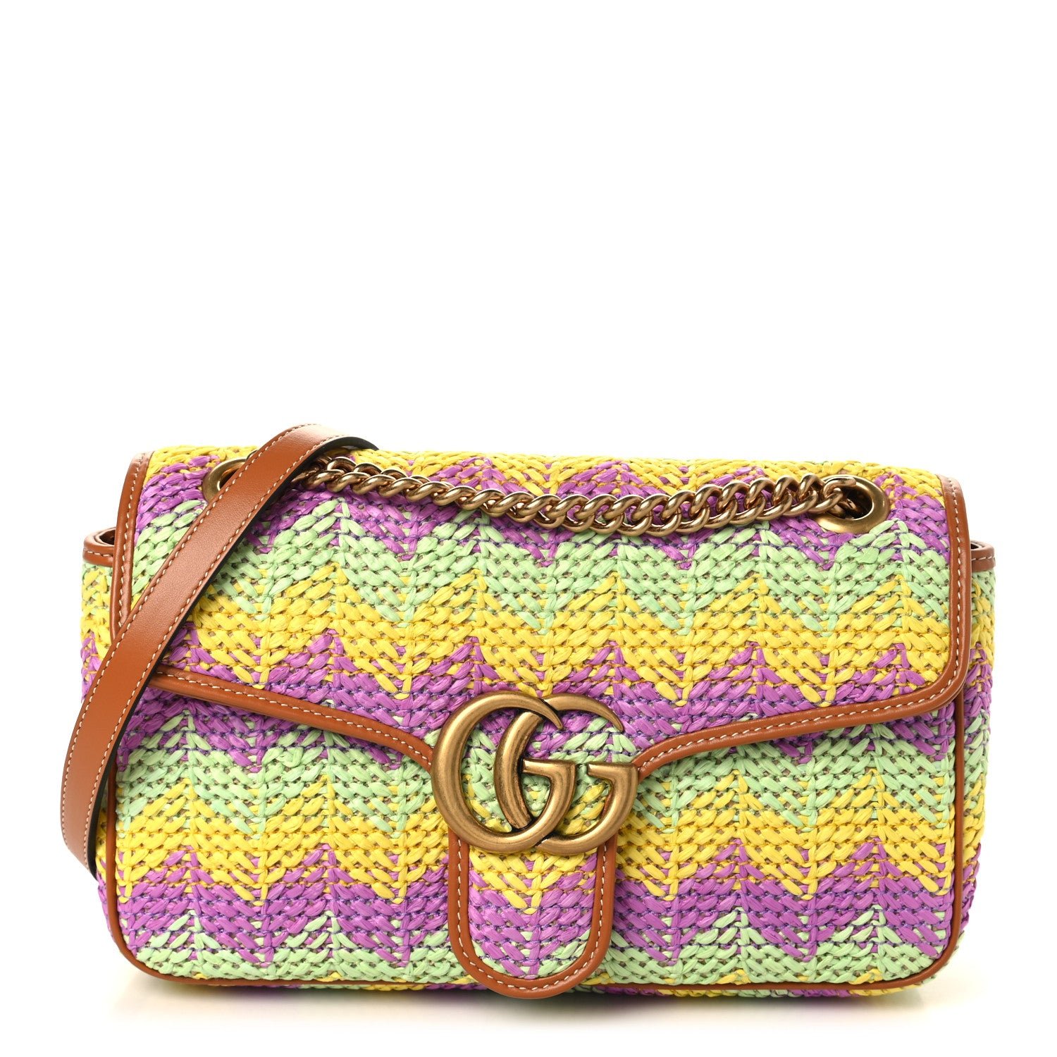 Gucci Calfskin Raffia Woven Small GG Marmont Shoulder Bag Multicolor