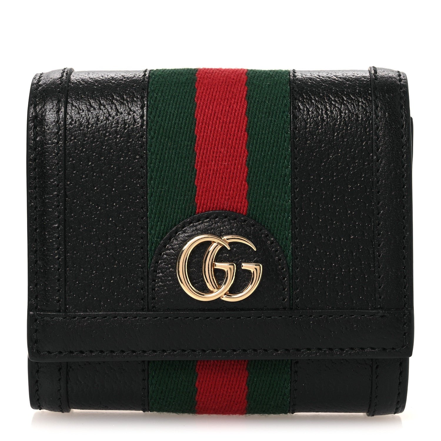 Gucci Textured Dollar Calfskin Web Ophidia Card Case Wallet Black