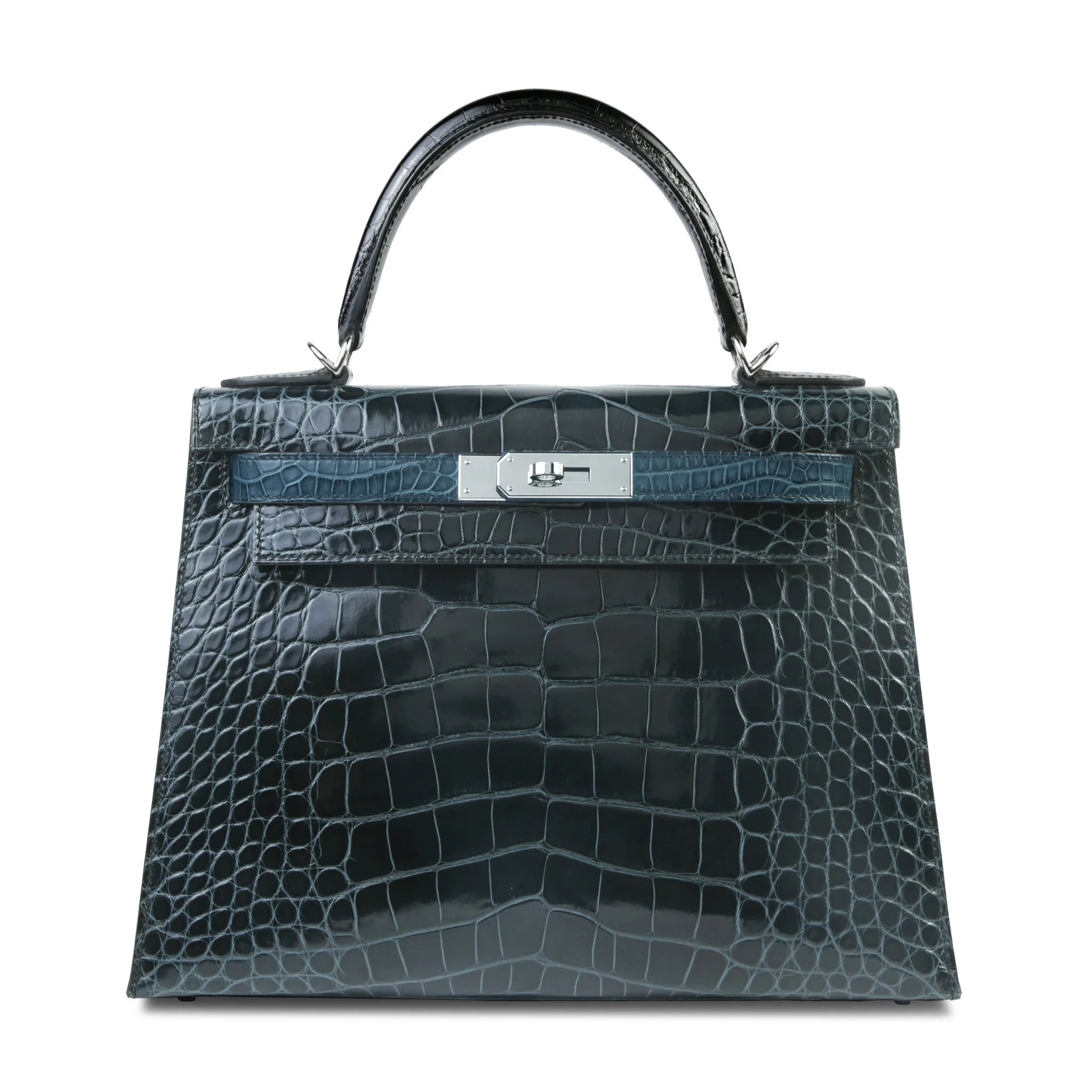 Very Good ( Rank A) HERMÈS Kelly 28 Sellier Vert Rousseau (V0) Vert Bosphore (W0) Noir (89) Shiny Alligator Palladium hardware Y (2020)