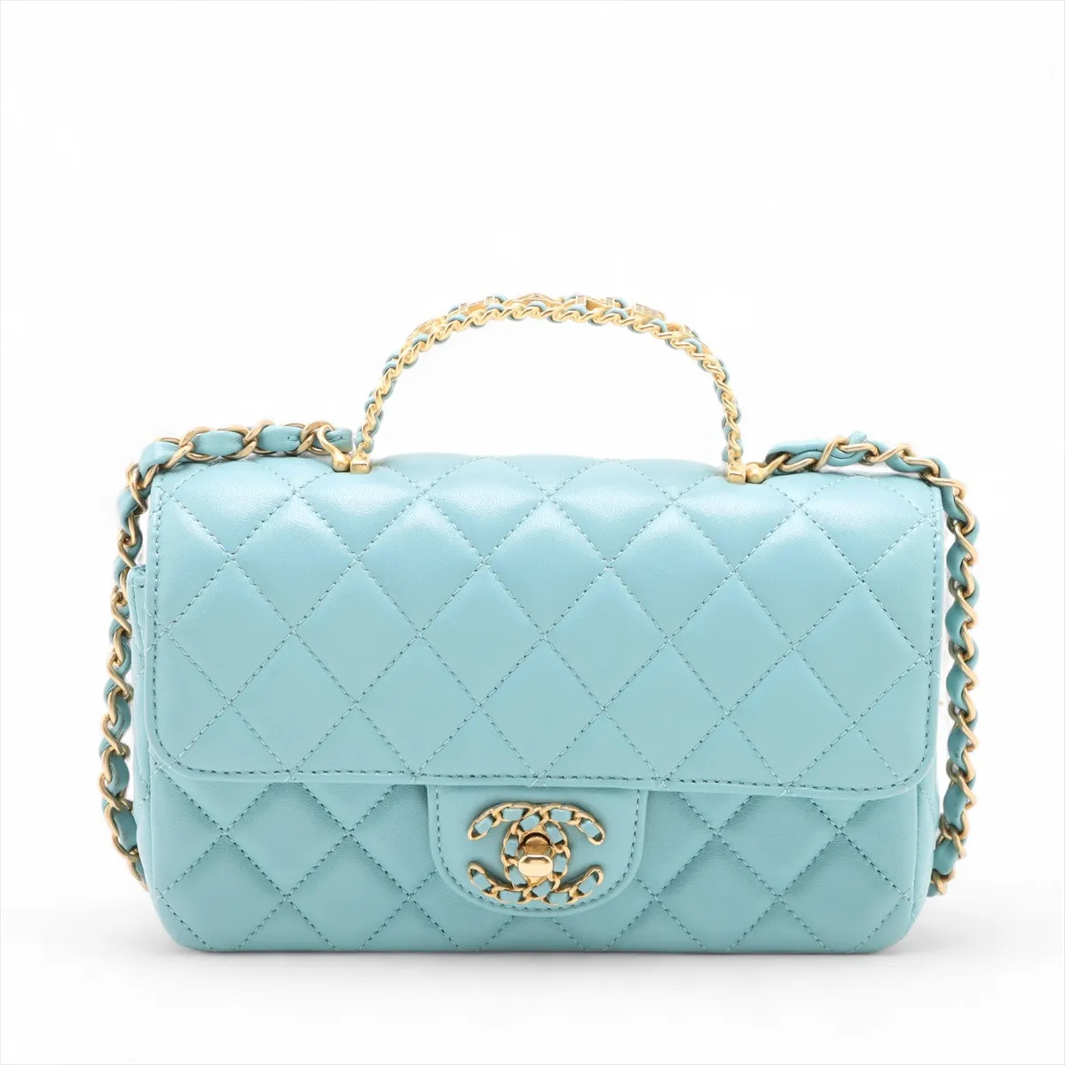 Chanel Matelasse Lambskin 2 Way Shoulder Bag Top Handle Blue Gold Metal Fittings