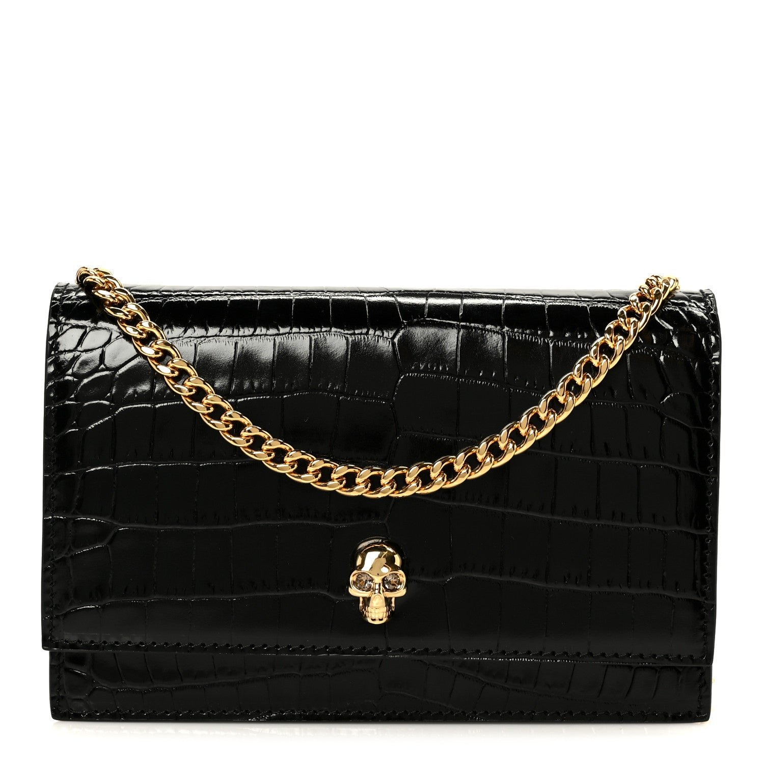 Alexander McQueen Calfskin Crocodile Embossed Skull Mini Shoulder Bag Black