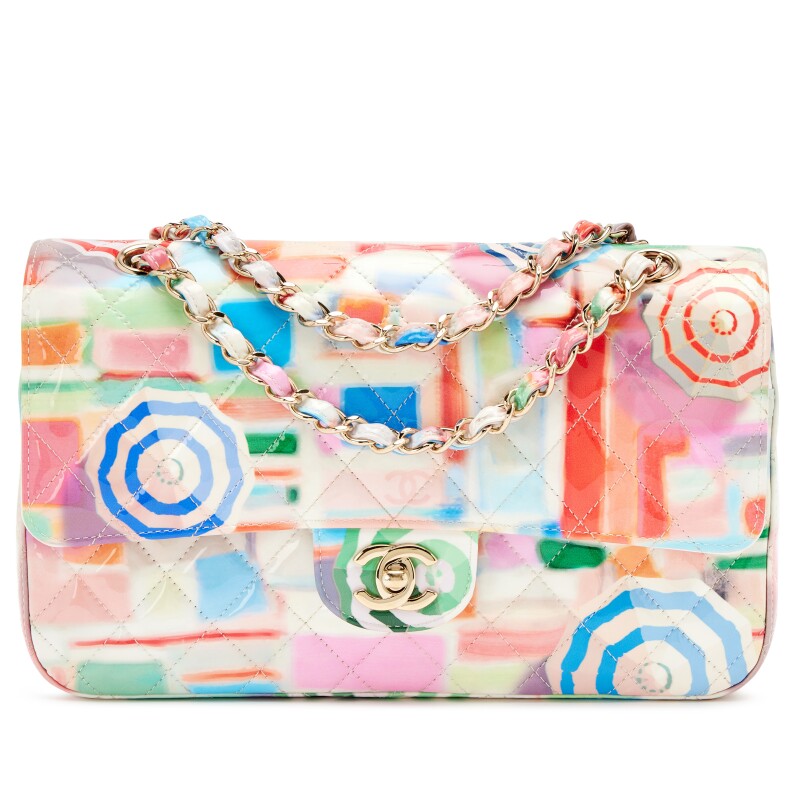 Rainbow Umbrella Quilted Patent Leather Classic Medium Double Flap Bag Light Gold Hardware, 2019