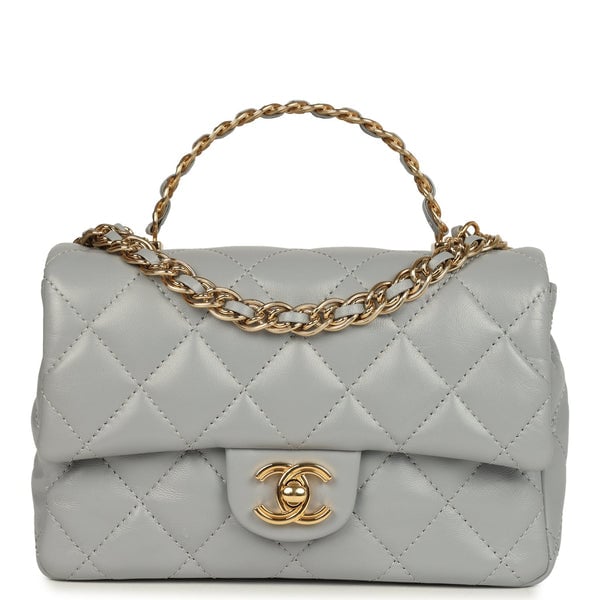 Chanel Pre-owned Chanel Mini CC Rectangular Flap Bag with Top Handle Light Grey Lambskin Gold Hardware
