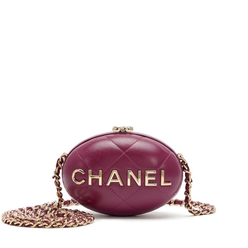 Chanel Dark Purple Quilted Lambskin Mini Oval Clutch With Chain Gold Hardware, 2023