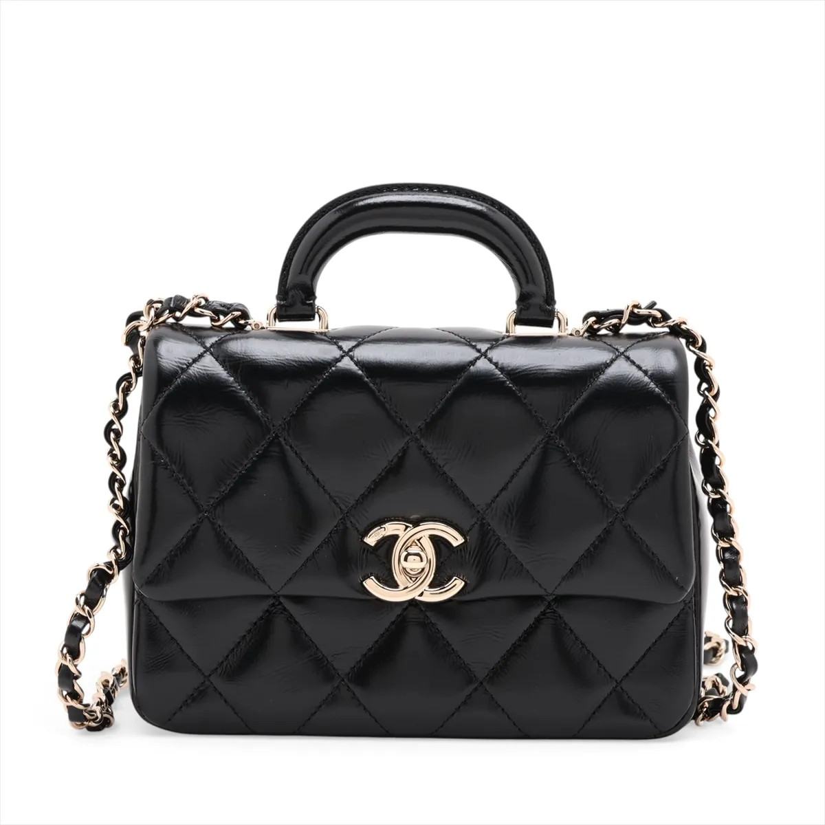 Chanel Matelasse Lambskin 2 Way Handbag Black Gold Metal Fittings random plate A