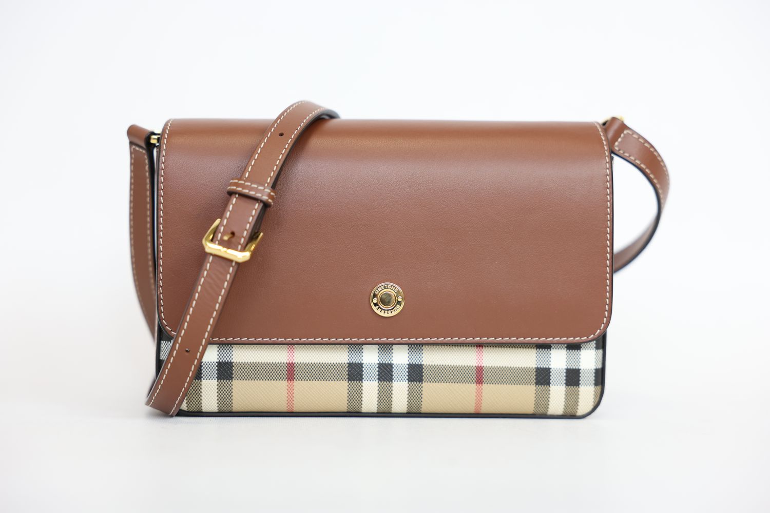 Burberry Burberry Hampshire Small Crossbody Bag, House Check Canvas and Brown Tan Leather with Gold Hardware, Preowned in Box WA001