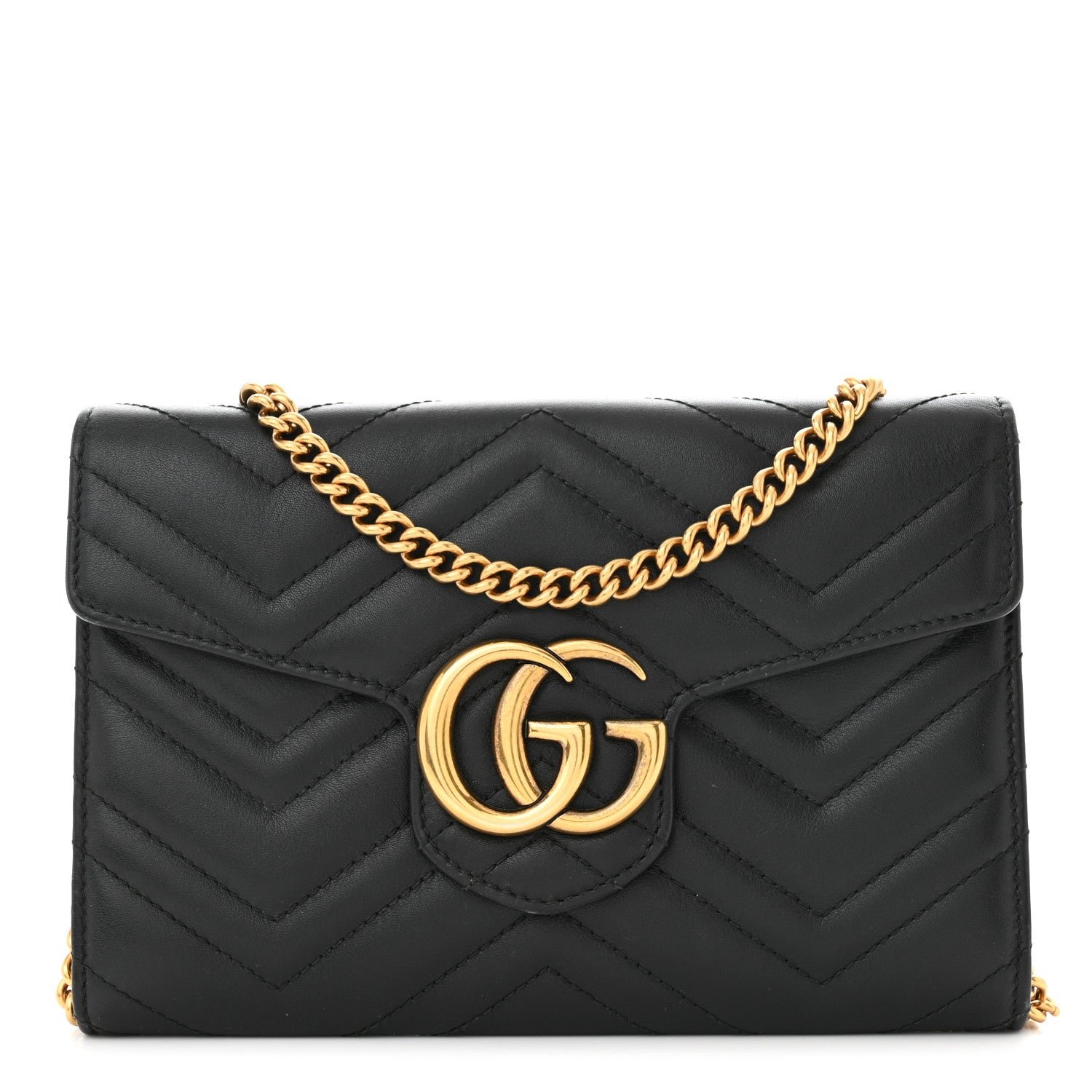 Gucci Calfskin Matelasse Mini GG Marmont Chain Wallet Black