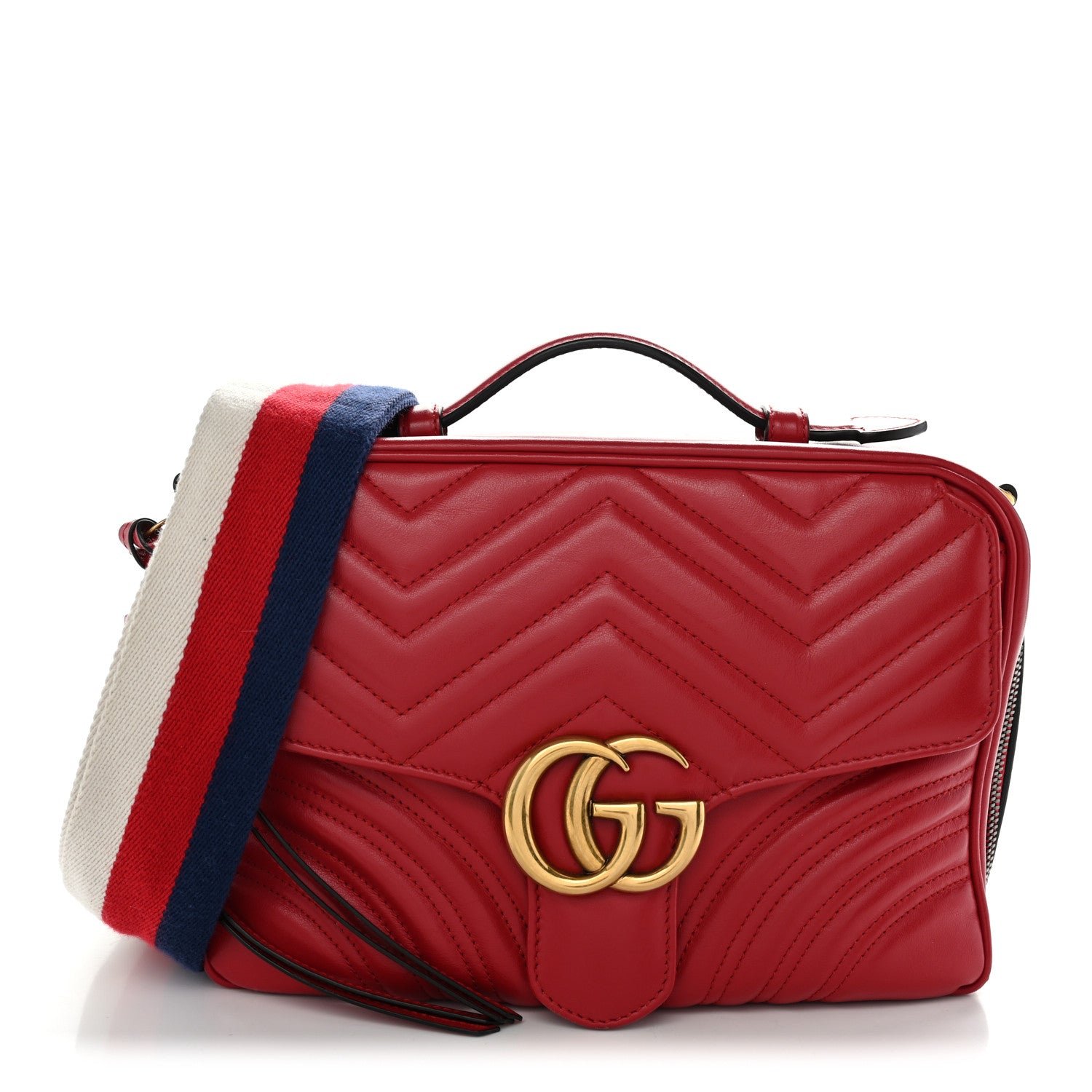 Gucci Calfskin Matelasse Sylvie Web Small GG Marmont Top Handle Shoulder Bag Hibiscus Red