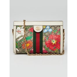 Gucci White Leather Flora Print Coated Canvas Ophidia Medium Shoulder Bag