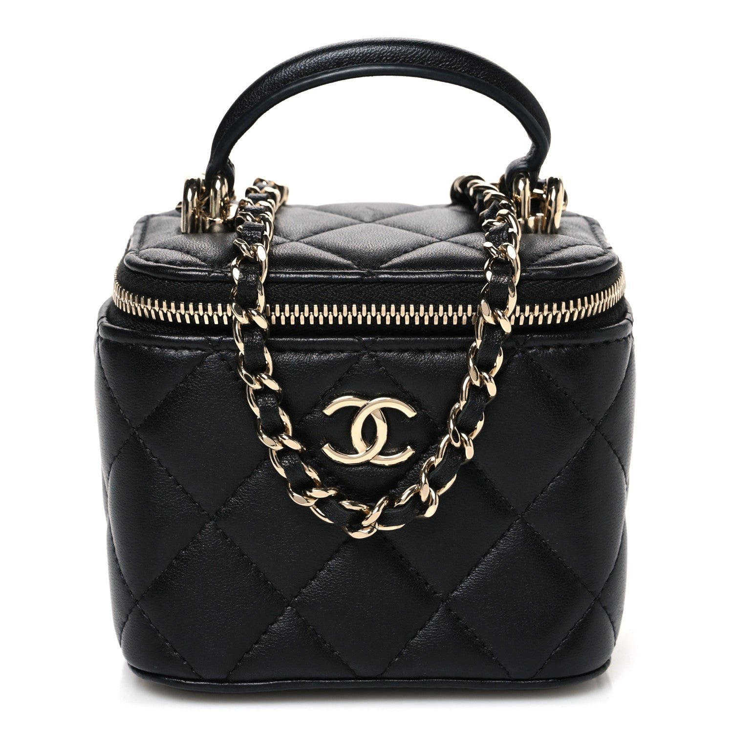 Chanel Lambskin Quilted Top Handle Mini Vanity Case With Chain Black