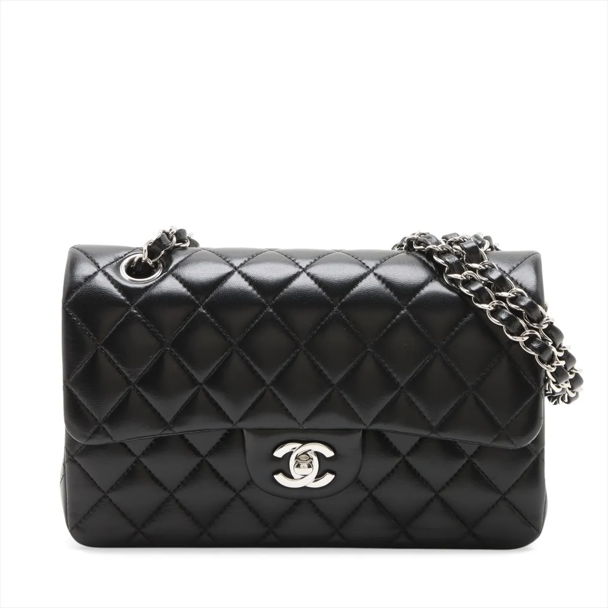 Chanel Matelasse 23 Small Lambskin Double Flap Double Chain Bag Black Silver Met