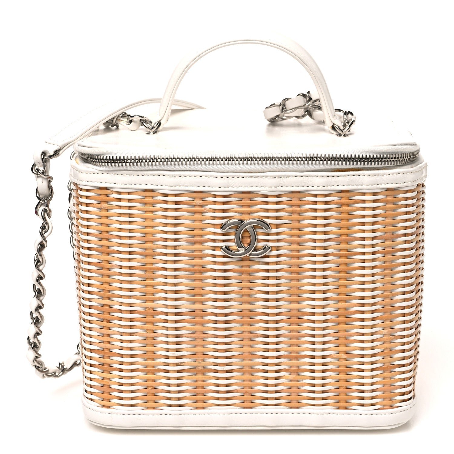 Chanel Glazed Calfskin Raffia Vanity Case Bag White Beige