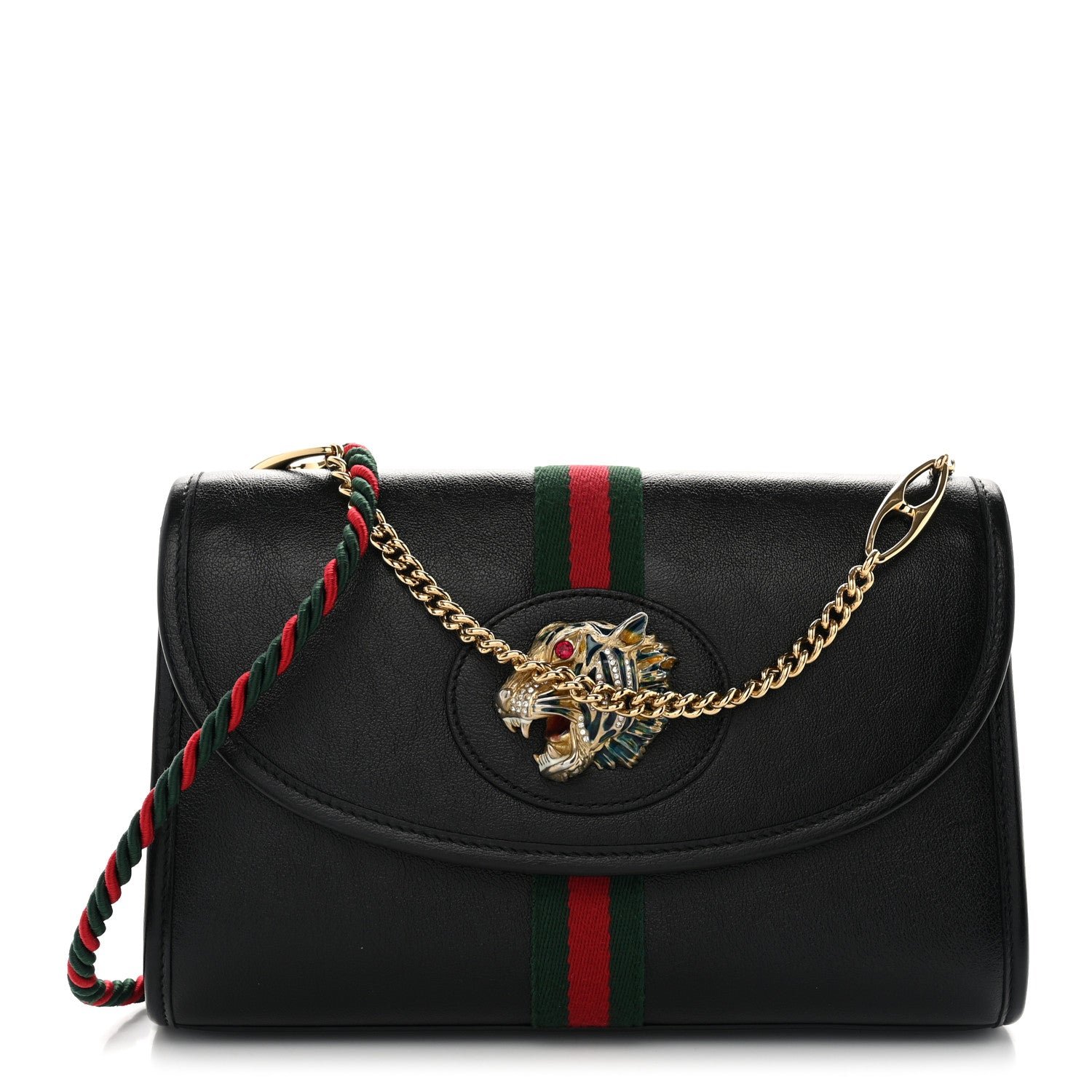 Gucci Textured Calfskin Web Small Rajah Slim Flap Shoulder Bag Black