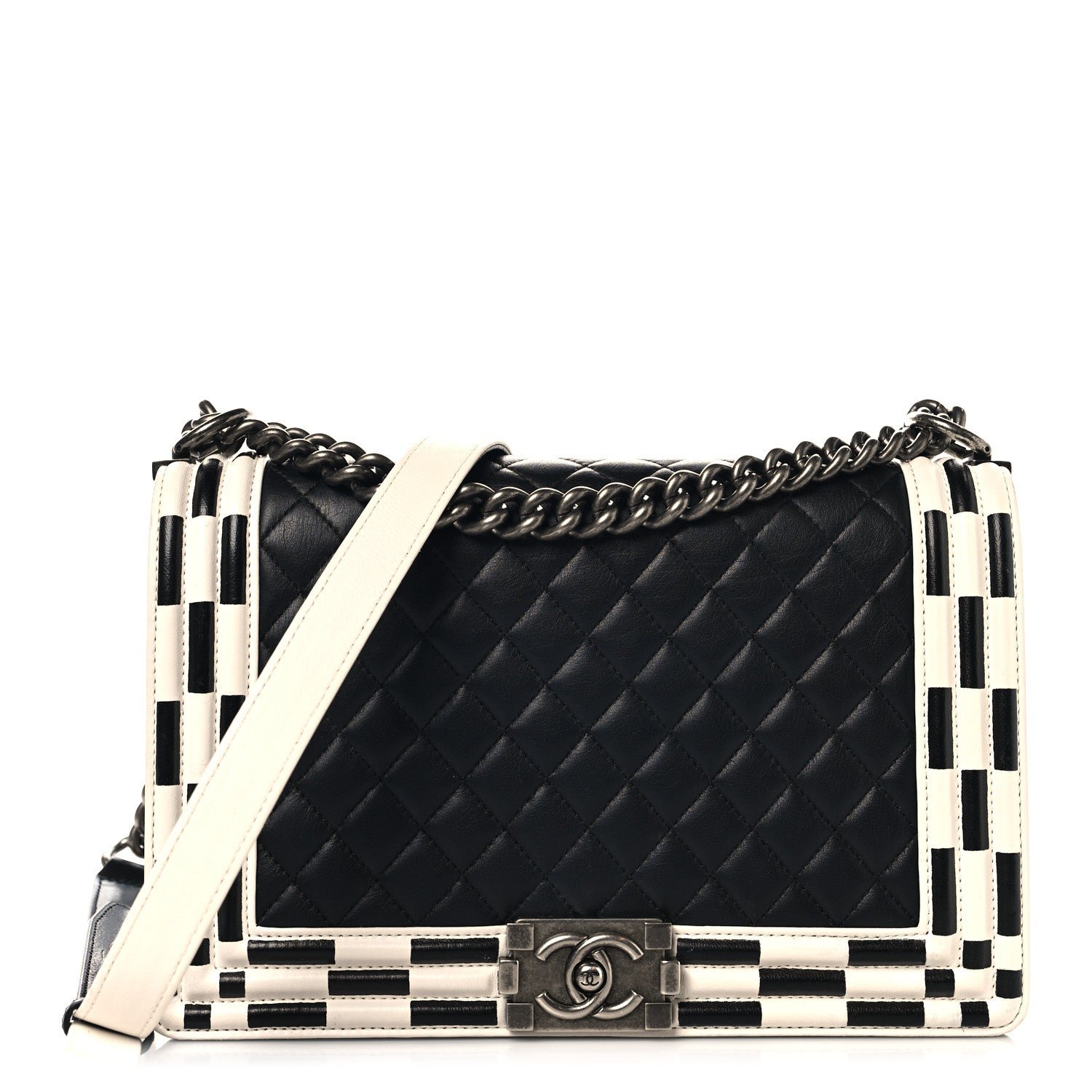 Chanel Calfskin Quilted Checkerboard Trim New Medium Boy Flap Black White
