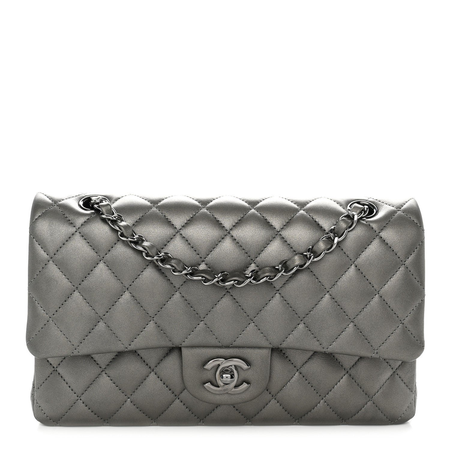 Chanel Metallic Calfskin Quilted Medium Double Flap Ruthenium