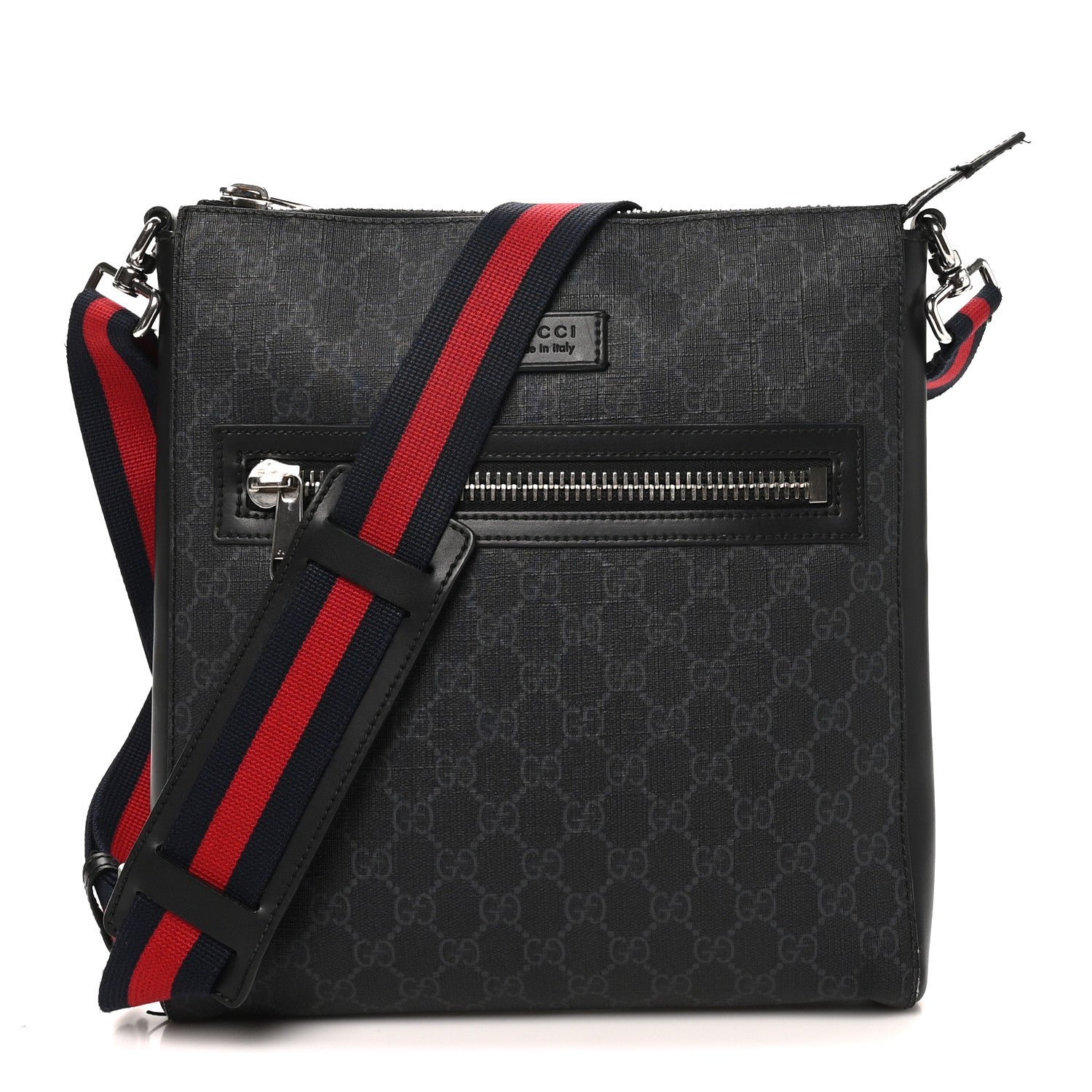 Gucci GG Supreme Monogram Appia Calfskin Web Flat Messenger Bag Black Grey
